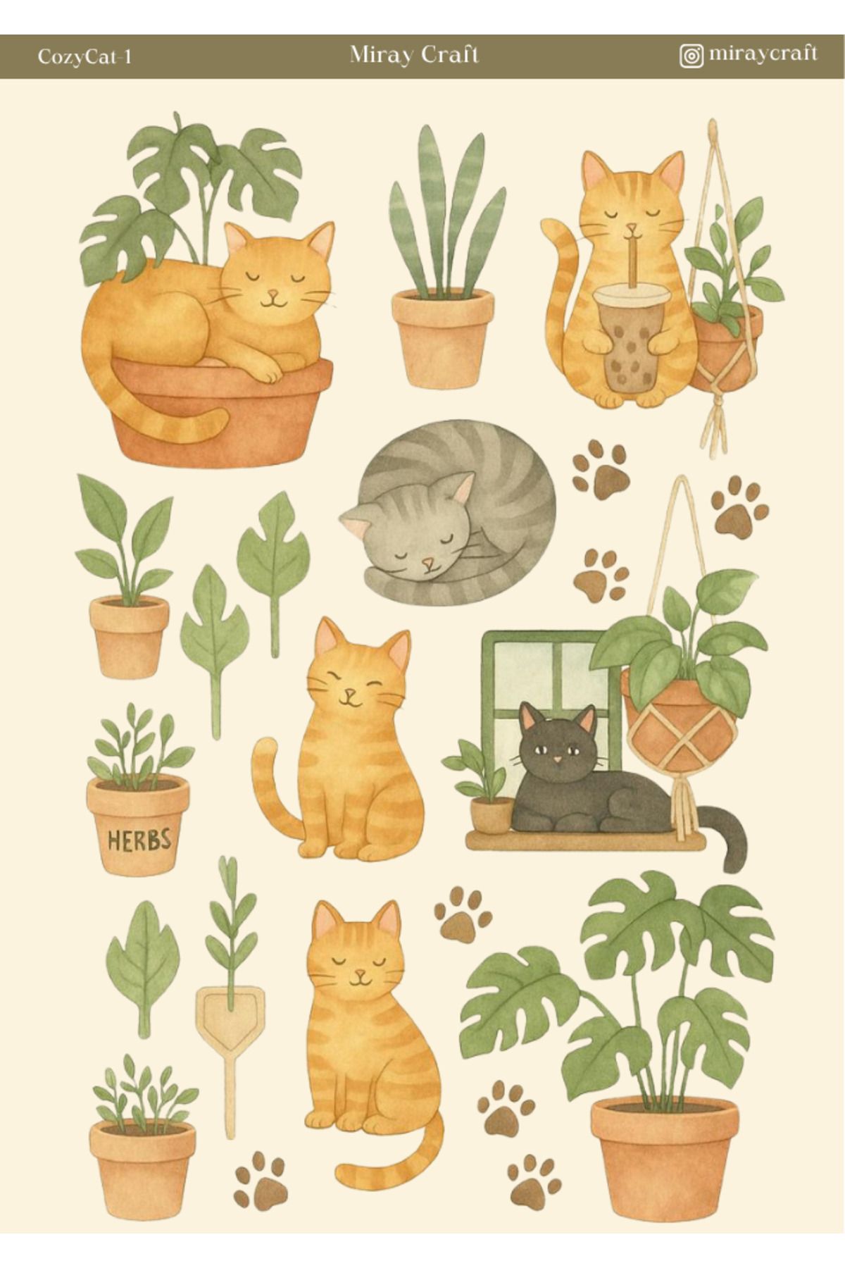 MirayDesign 1 Adet Huzurlu Kedi Temalı Sticker – 12x17 cm Scrapbook, Bullet Journal, Planlayıcı İçin
