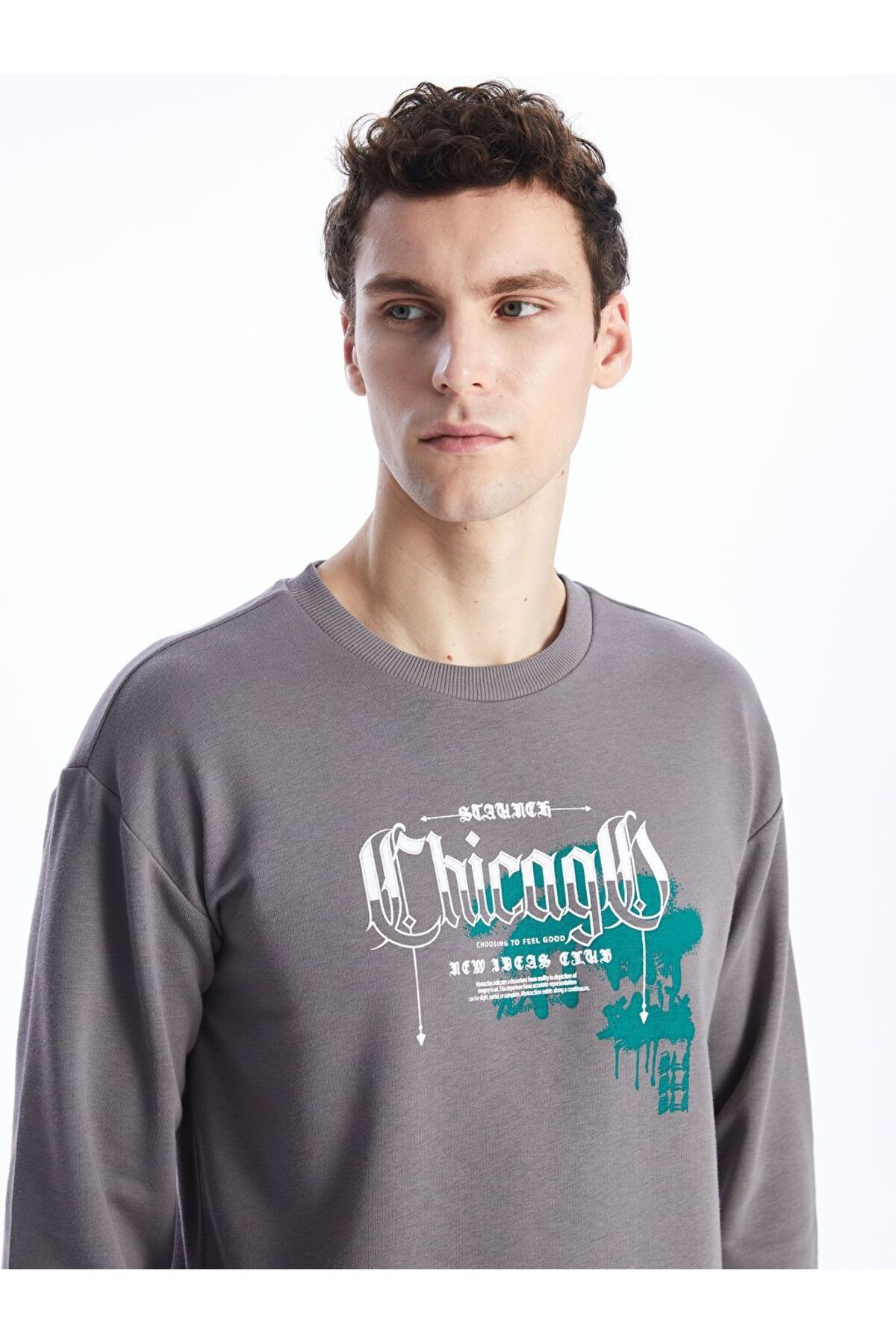 LC Waikiki Gri Bisiklet Yaka Uzun Kollu Baskılı Erkek Sweatshirt