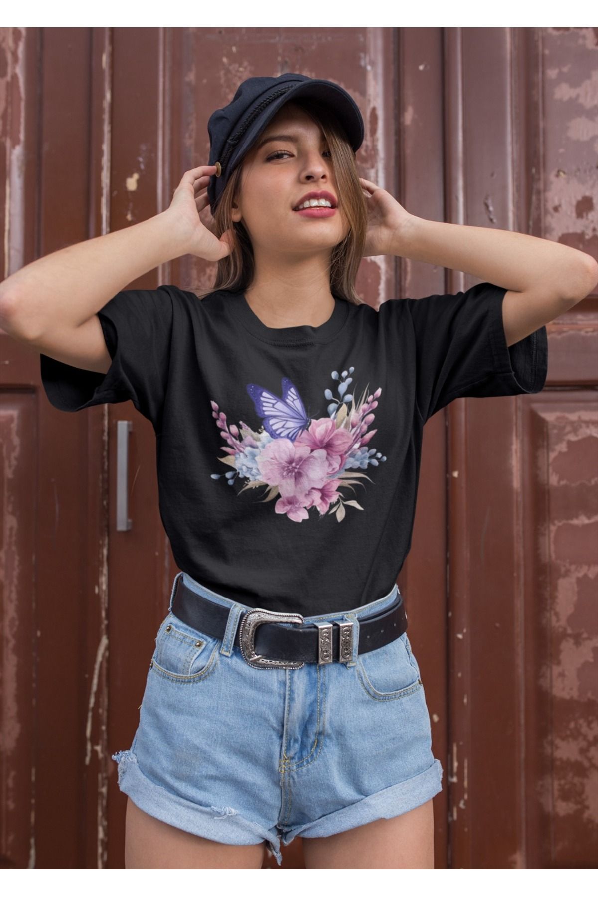 ArtYus Unisex Erkek/Kadın Çiçek Kelebek Baskılı Renkli Baskılı Oversize %100 Pamuklu T-Shirt