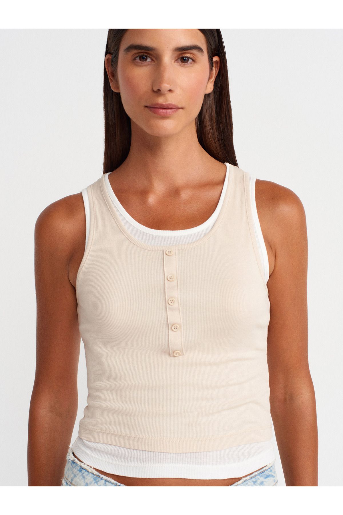Dilvin-21102 Double Layer Button Top-Beige 3