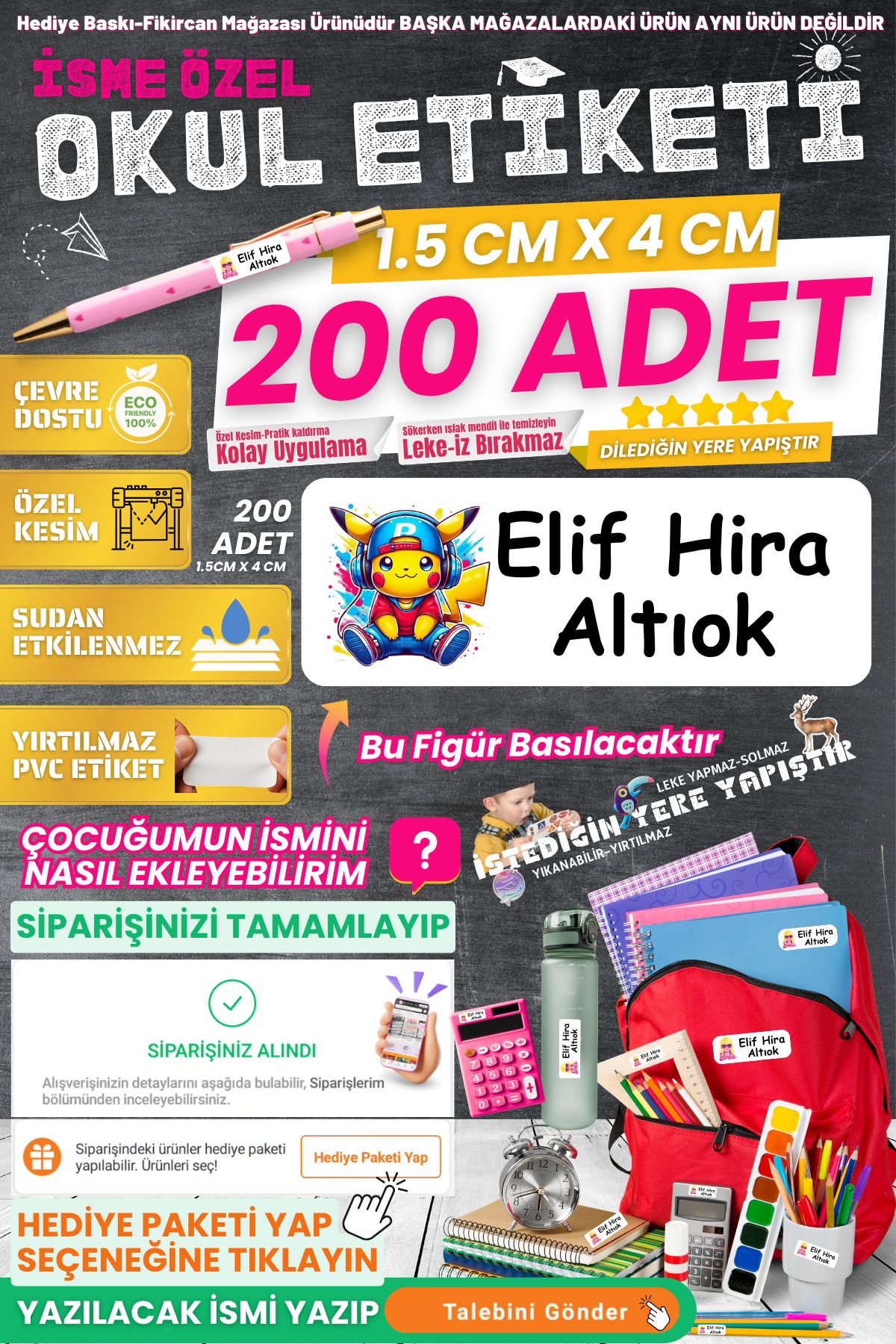 FİKİRCAN Fikircan-İsme Özel Okul Etiketi-PİKACHU OKULDA 200 Adet - Kokusuz Ekolojik Mürekkep PVC ETİKET