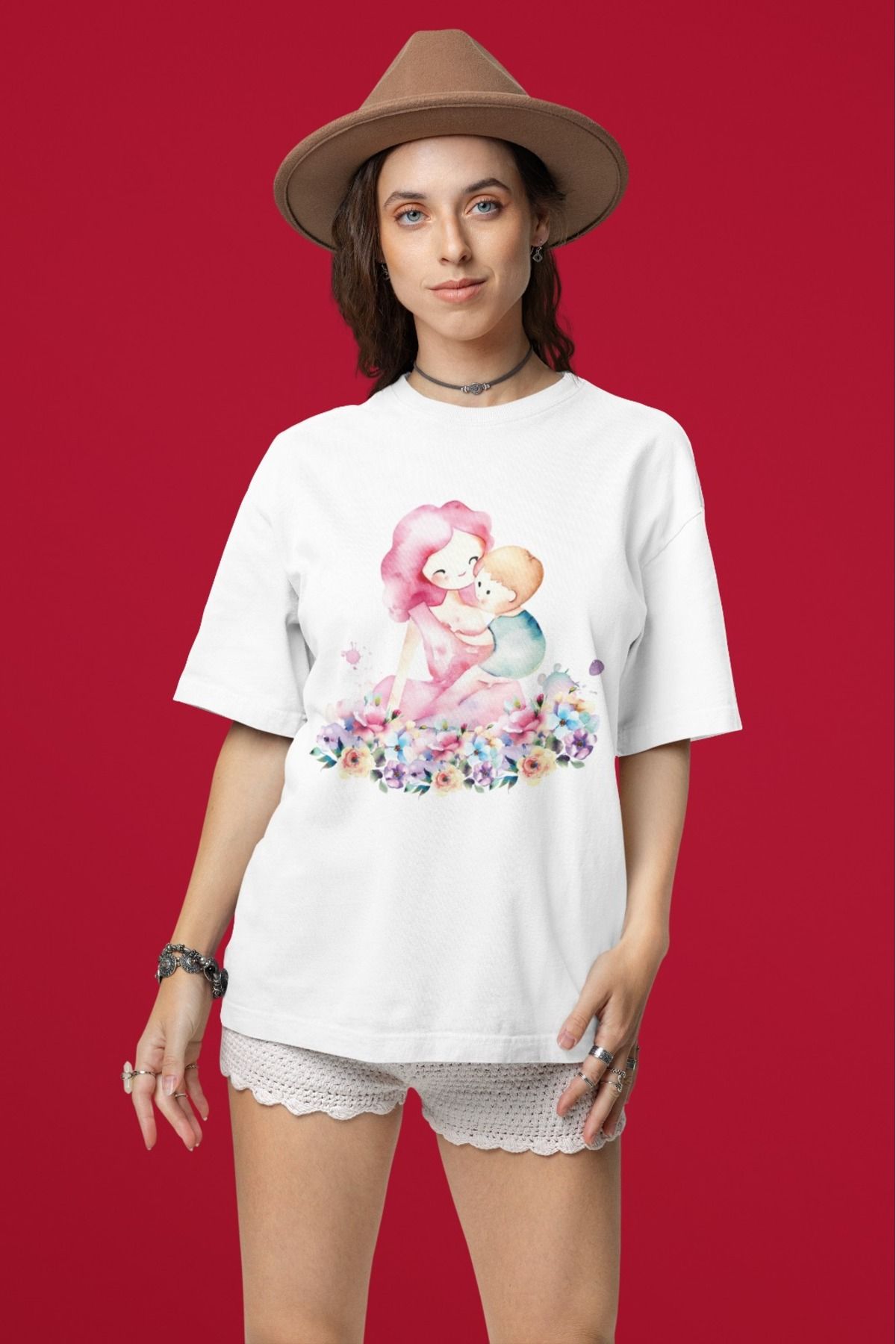 ArtYus Unisex Erkek/Kadın Çiçekler Arasında Anne Çocuk Renkli Baskılı Oversize %100 Pamuklu T-Shirt