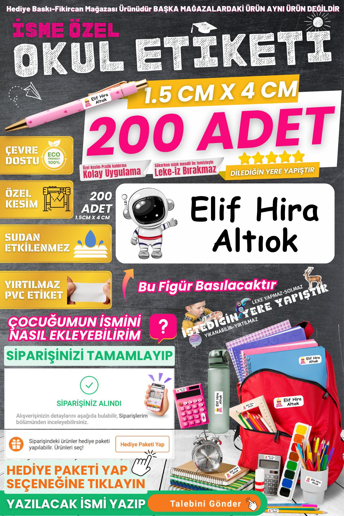 FİKİRCAN Fikircan-İsme Özel Okul Etiketi-ASTRONOT 200 Adet - Kokusuz Ekolojik Mürekkep PVC ETİKET