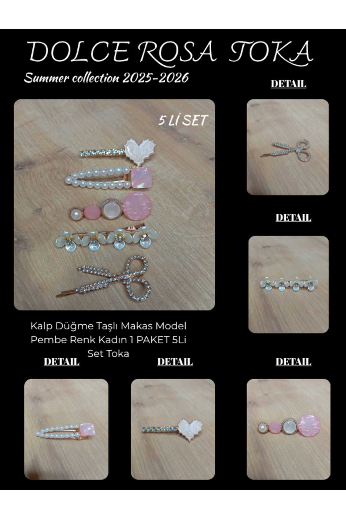 Dolce Rosa Kalp Düğme Taşlı Makas Model Pembe Renk Kadın 1 PAKET 5Li Set Toka