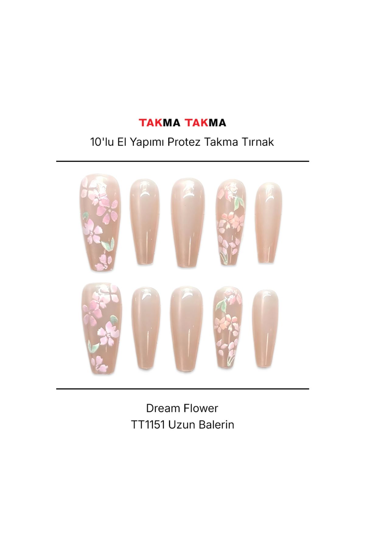 Takma Takma Tekrar Kullanılabilir El Yapımı Protez Takma Tırnak TT1151 - Dream Flower - 10'lu XS-Ten Rengi