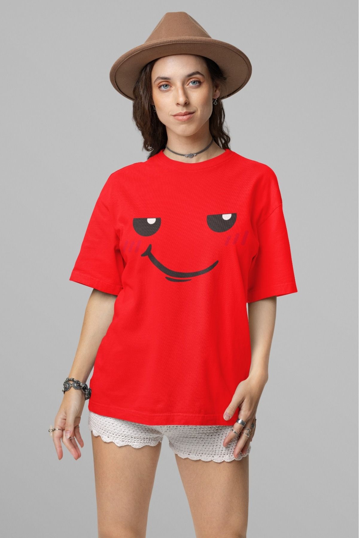 ArtYus Unisex Erkek/Kadın İddialı Gülen Yüz Renkli Baskılı Oversize %100 Pamuklu T-Shirt
