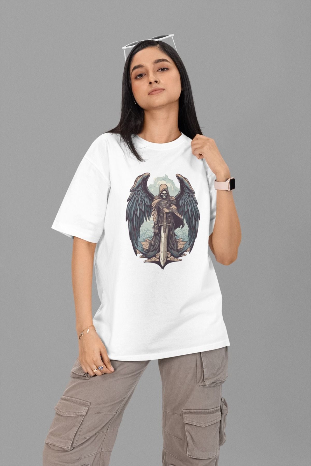 ArtYus Unisex Erkek/Kadın Azrail Melek Baskılı Renkli Baskılı Oversize %100 Pamuklu T-Shirt