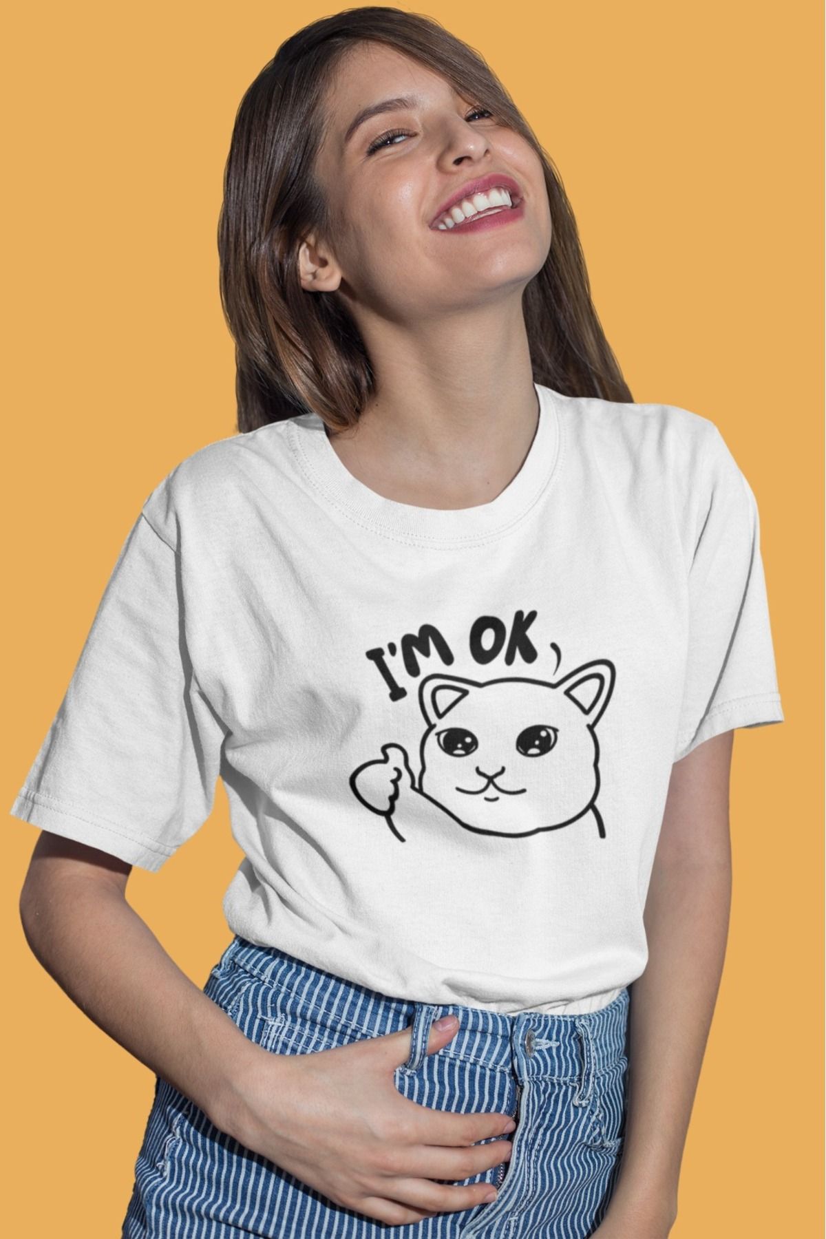 ArtYus Unisex Erkek/Kadın I'm OK Kedi Renkli Baskılı Oversize %100 Pamuklu T-Shirt