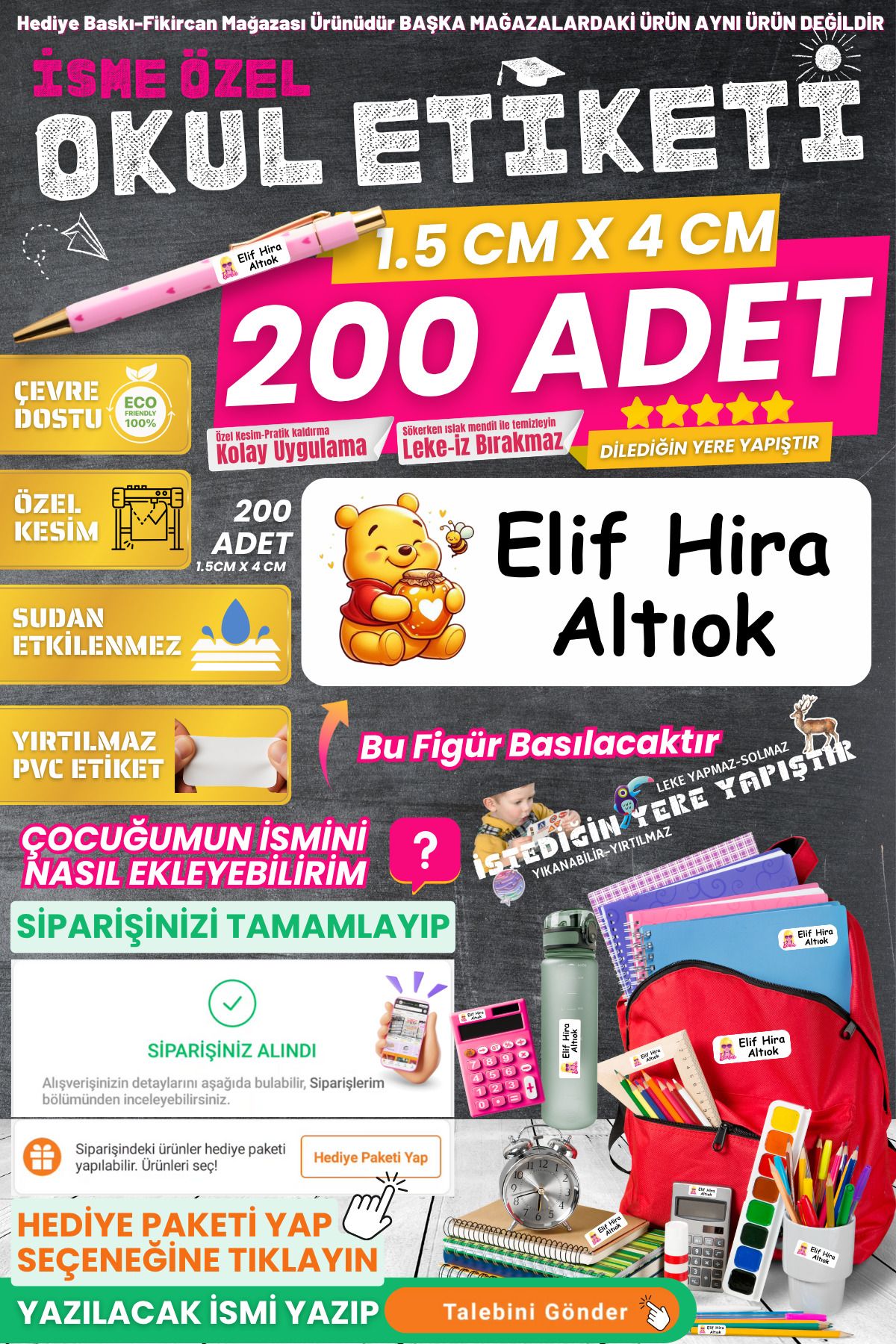 FİKİRCAN Fikircan-İsme Özel Okul Etiketi-Winnie The Pooh 200 Adet - Kokusuz Ekolojik Mürekkep PVC ETİKET
