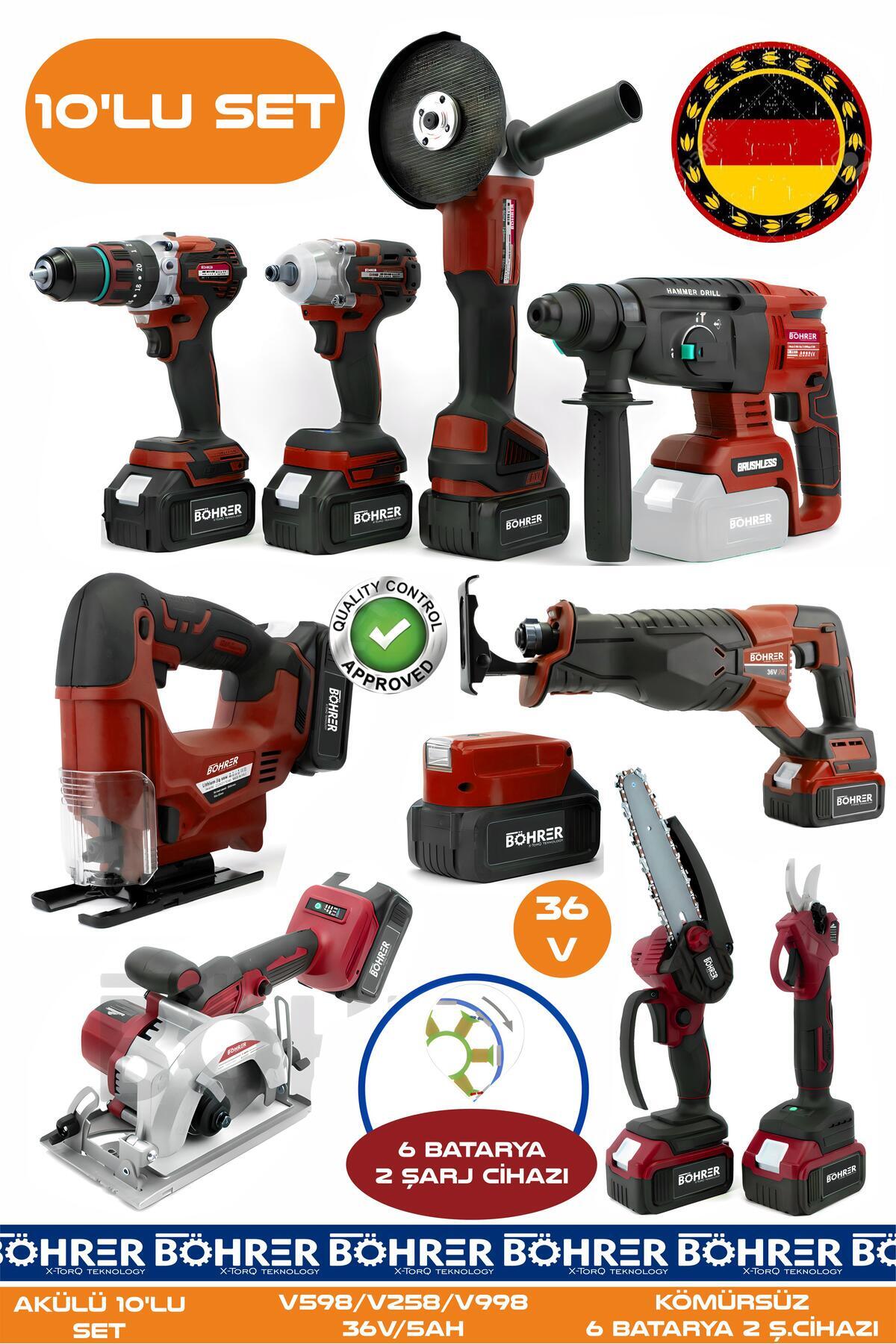 BÖHRER Alman 10 Makine Kombo Set BA01082K 6 Akülü 2 Şarjlı Kömürsüz V598 5Ah Profesyonel -KIRMIZI RED