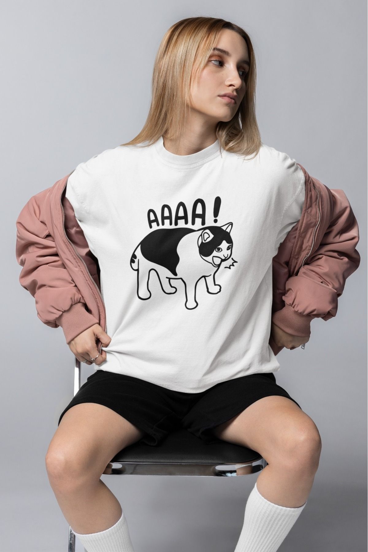 ArtYus Unisex Erkek/Kadın AA Kedi Renkli Baskılı Oversize %100 Pamuklu T-Shirt