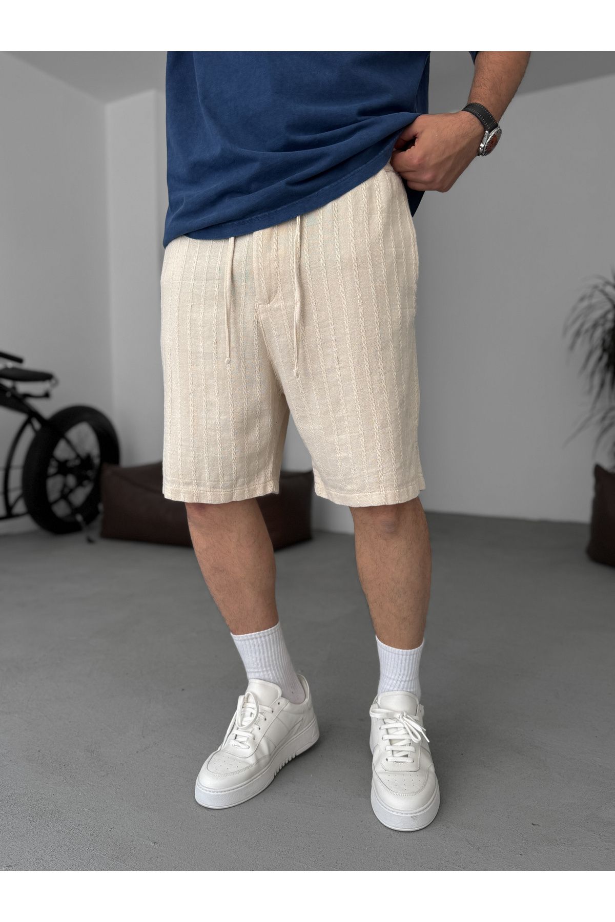 BYBASICMAN Bej Örgü Şeritli Şort G-5433/7