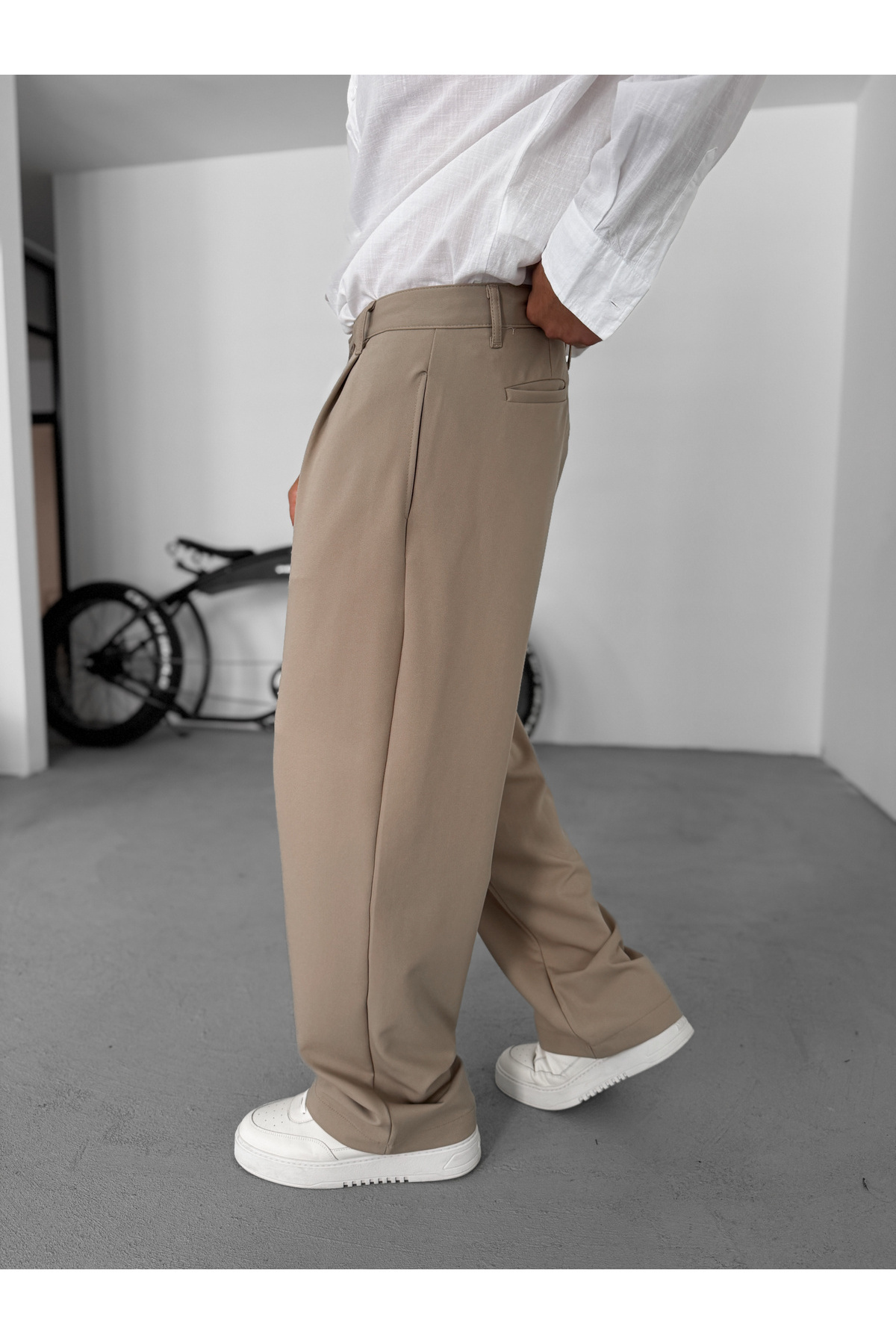 BYBASICMAN-Beige Pleated Fabric Baggy Trousers C-05 8