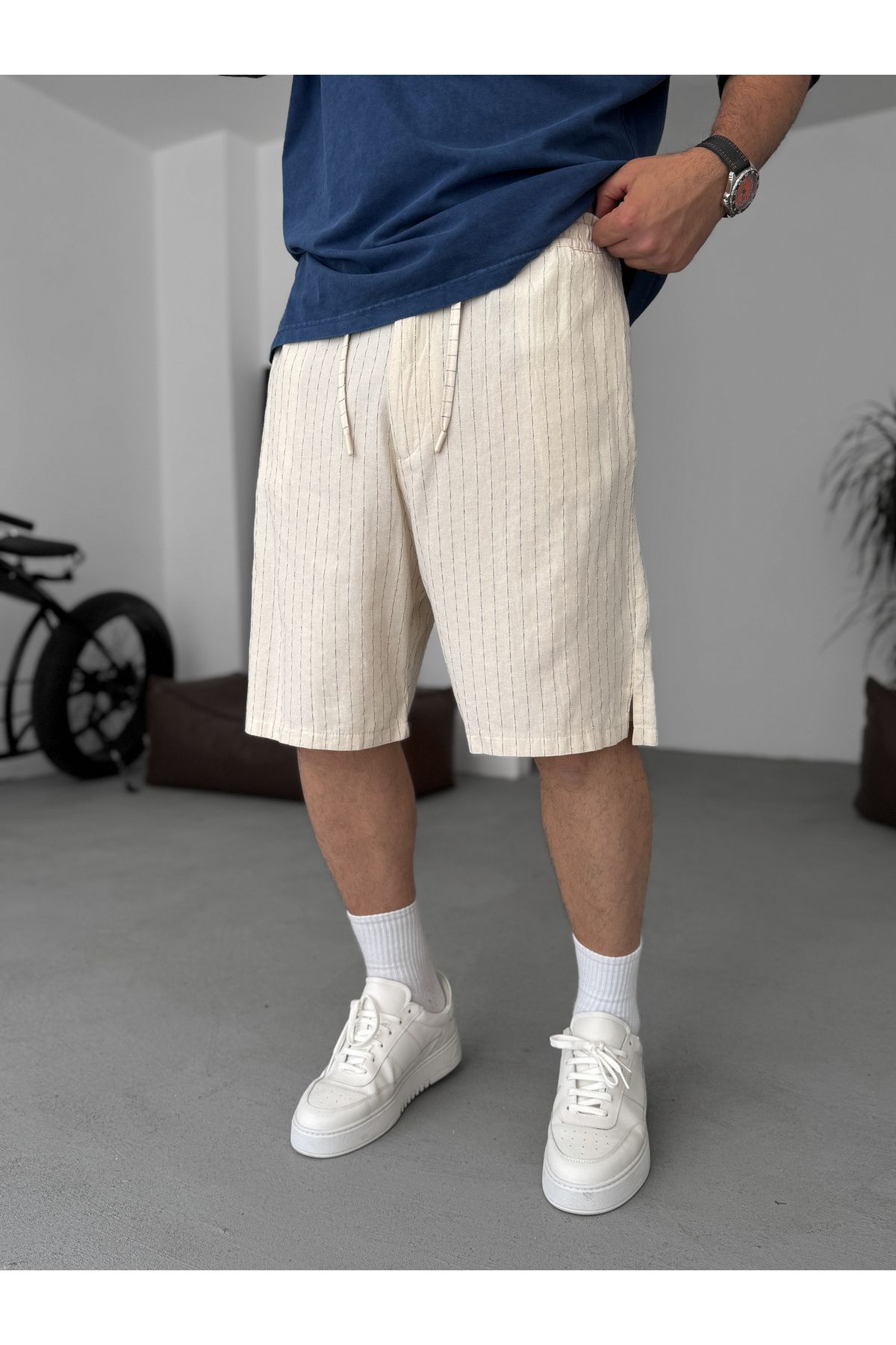 BYBASICMAN Bej İnce Çizgili Şort G-5533/17