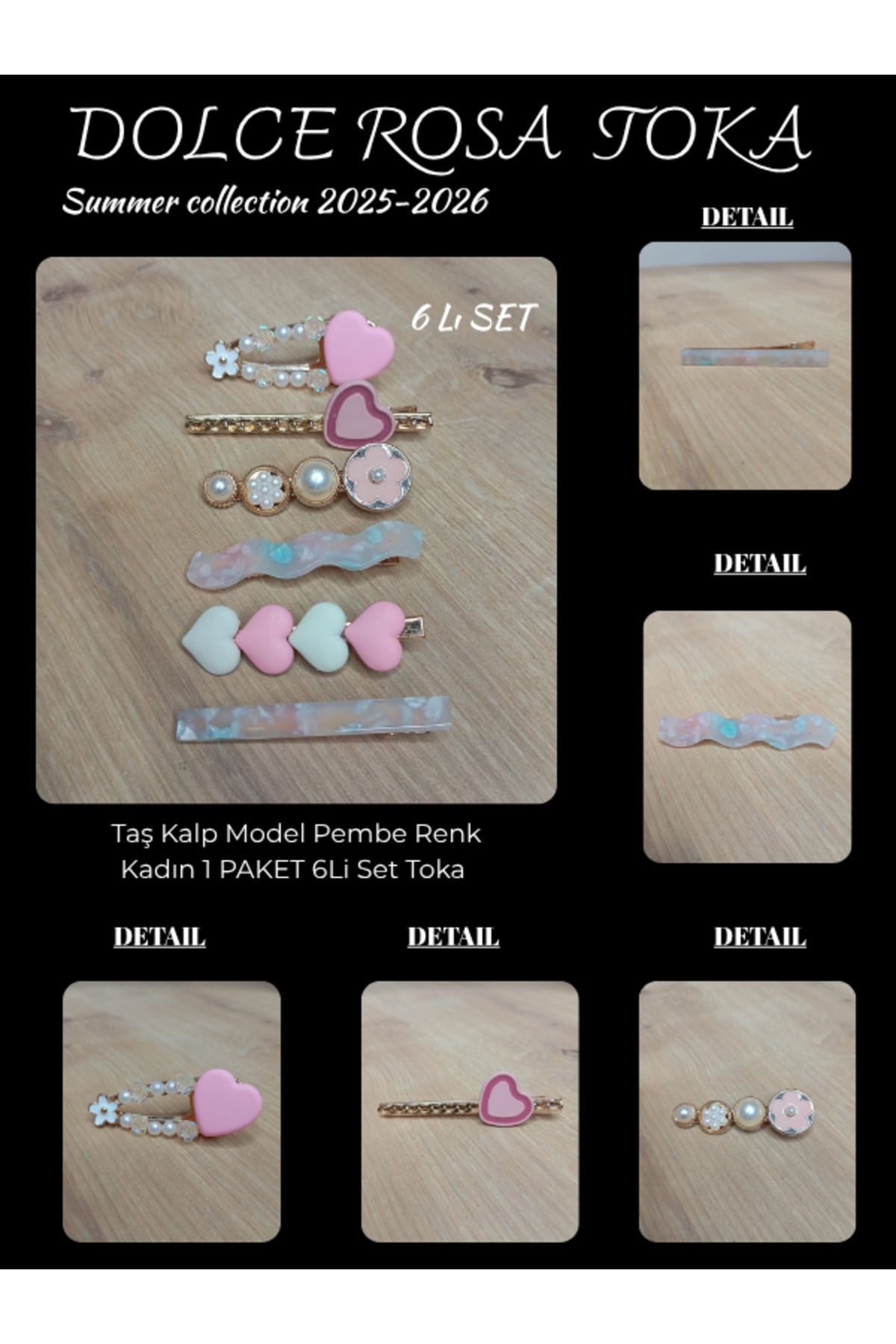 Dolce Rosa Taş Kalp Model Pembe Renk Kadın 1 PAKET 6LI Set Toka