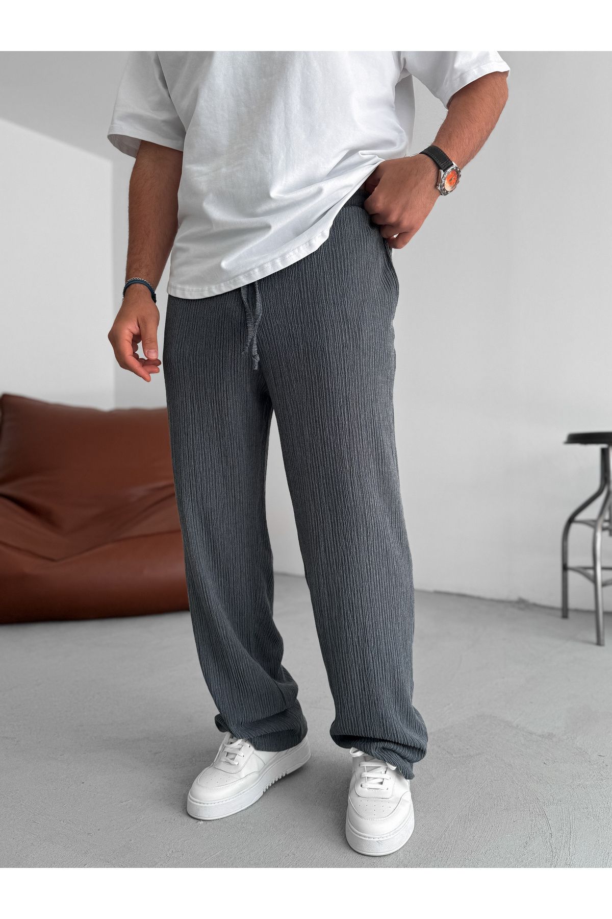 BYBASICMAN Füme Kırçıllı Dokulu Boru Paça Pantolon JJ-234