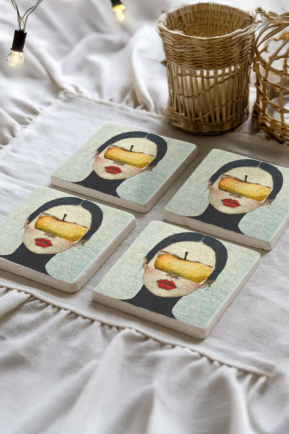 Sionar Vittarena Desenleri Taş Traverten Fincan Bardak Altlığı 4'lü Set 10x10x1cm