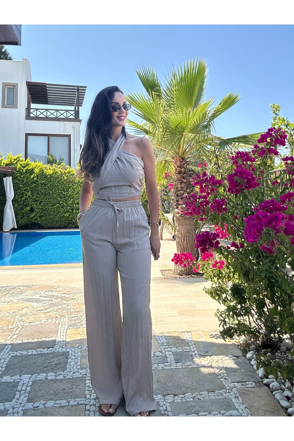 Atelier Derin Taş Rengi Bağlama Detaylı Bluz Pantolon Takım