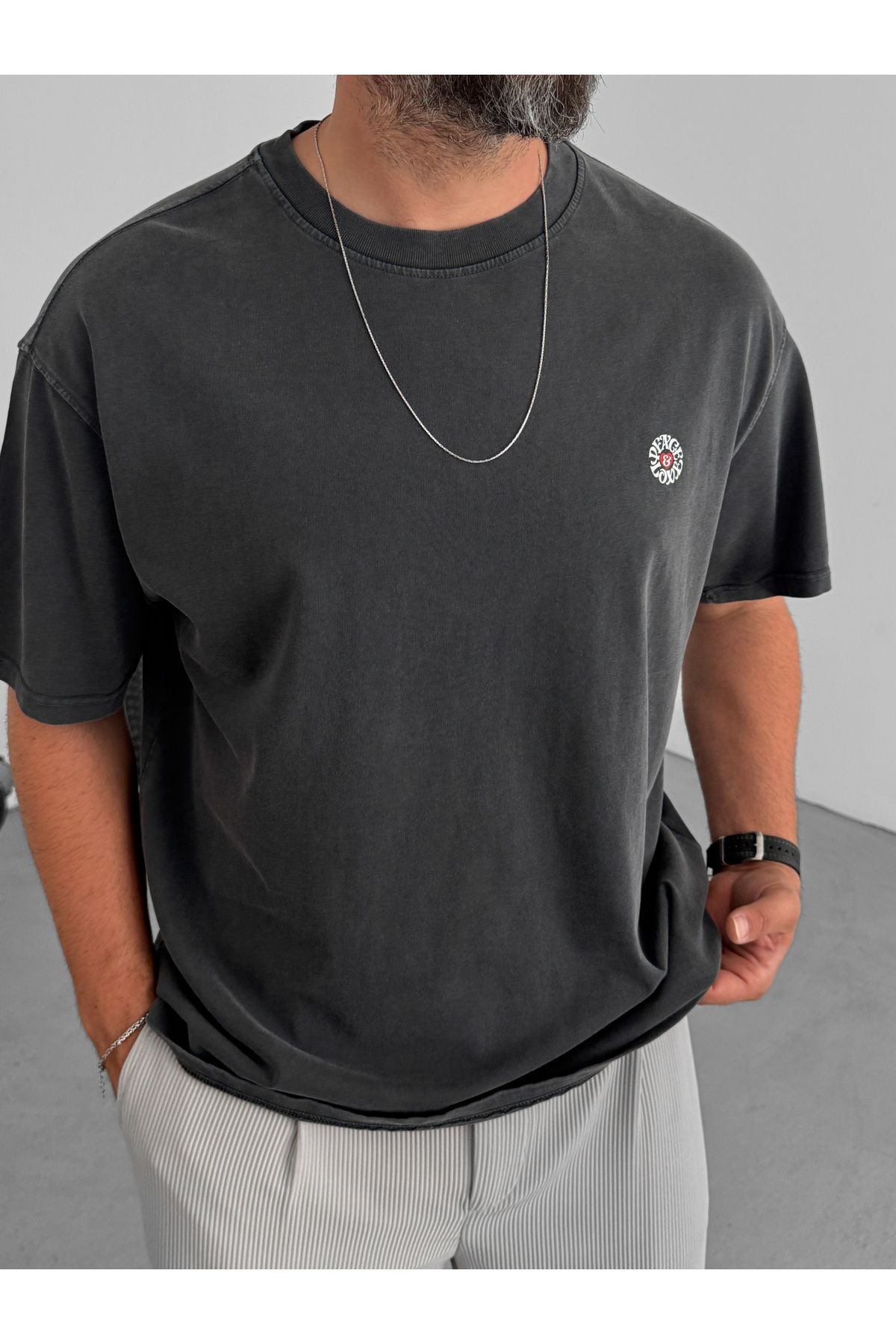 BYBASICMAN-Anthracite Peace Printed Washable T-Shirt C-1770 3