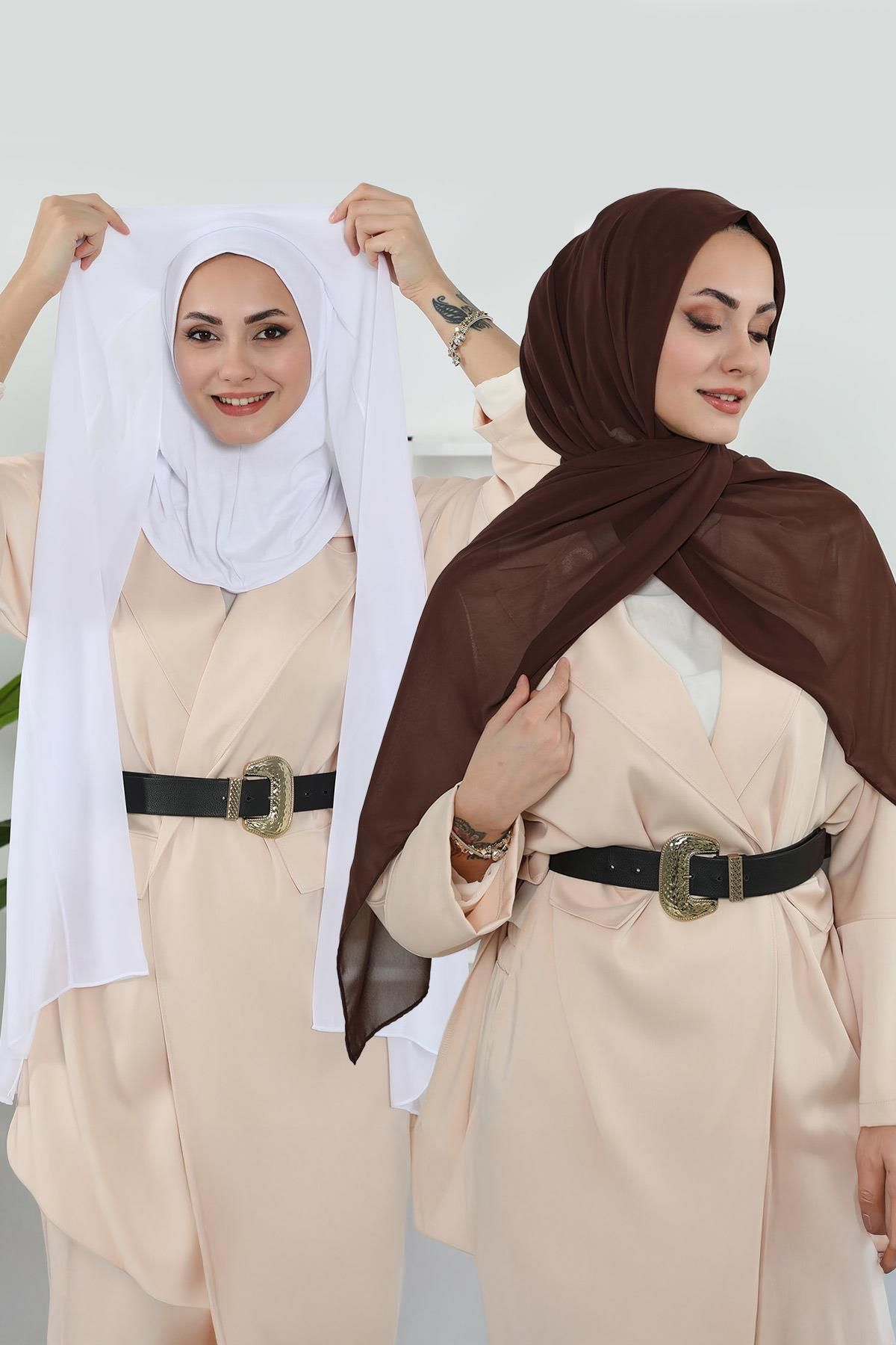 Aisha's Design 2'li Set Penye İç Boneli Şifon Şal,PS-46SET