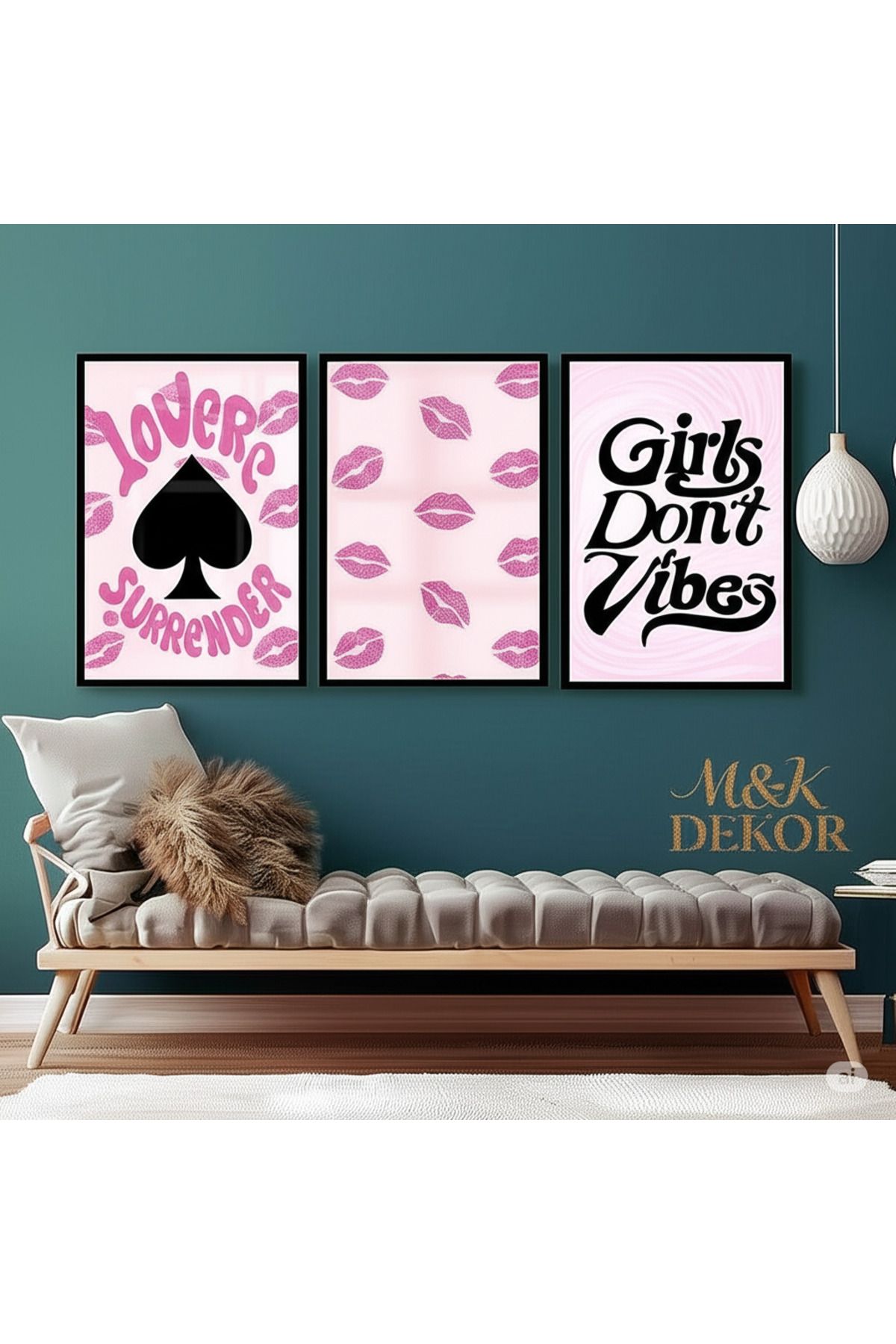 POSTER Pembe Tablo Seti, 3 Adet Siyah Çerçeve ve Poster - Yatak Odası Dekoru, Mutfak, Salon Duvar Dekoru