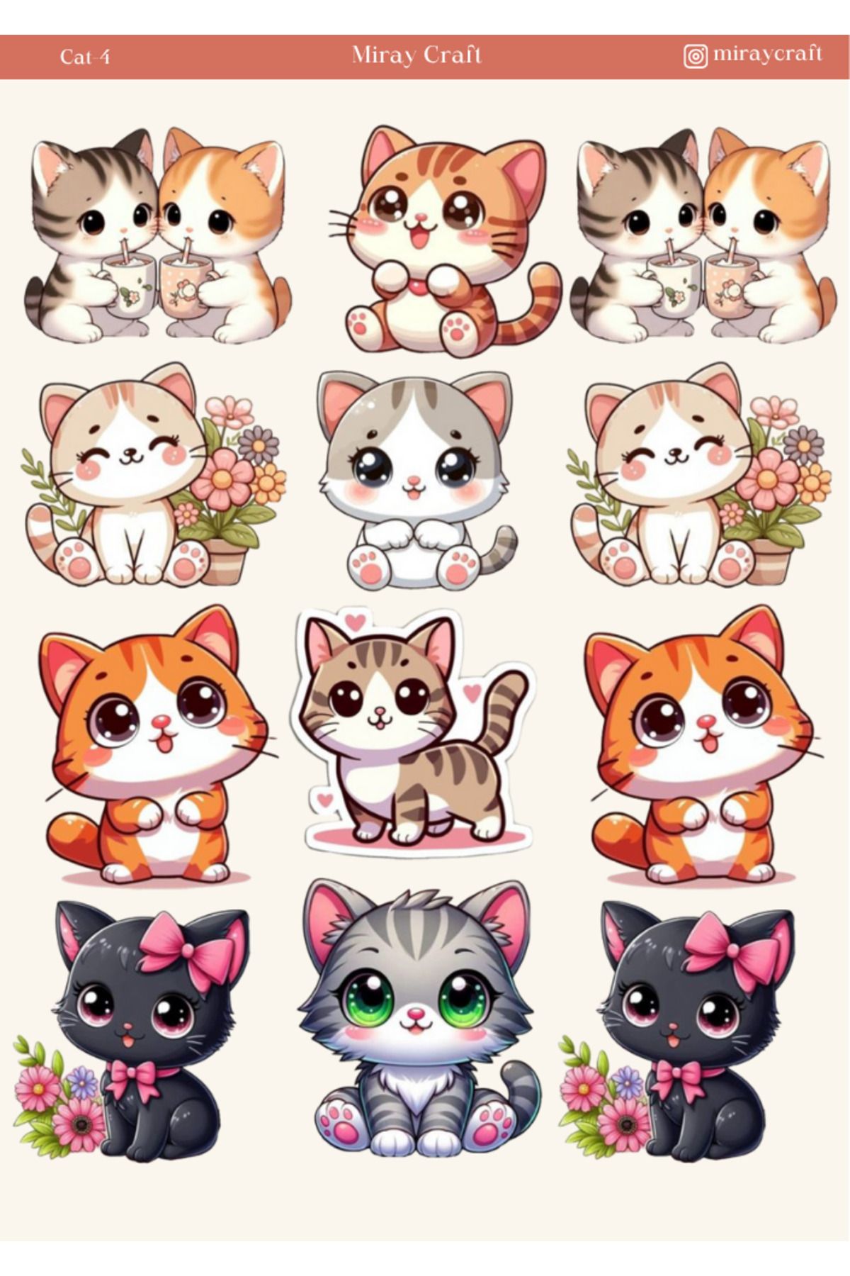 MirayDesign 1 Adet Kedi Temalı Sticker – 12x17 cm Scrapbook, Bullet Journal, Planlayıcı İçin