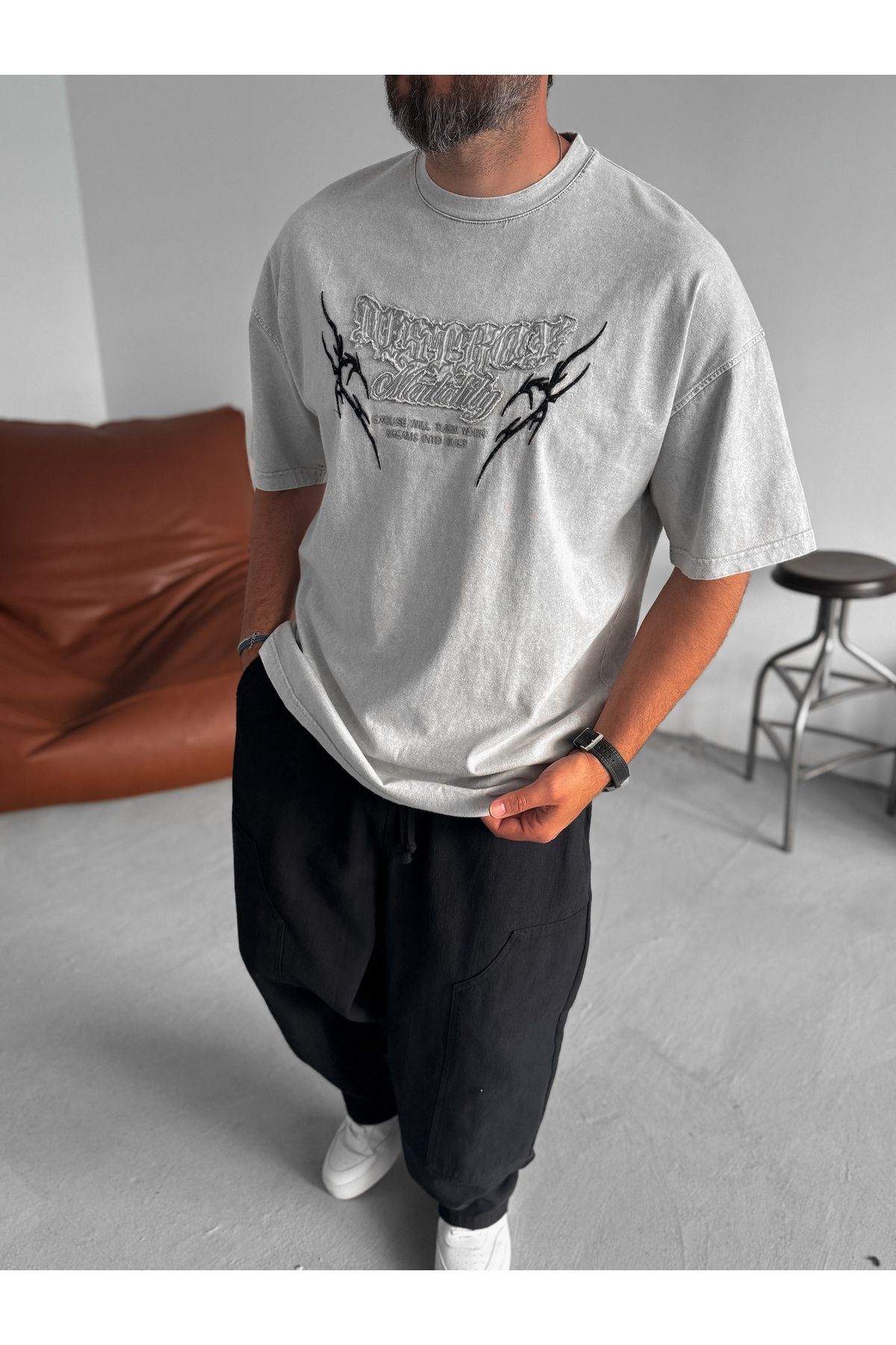 BYBASICMAN Açık Gri Mentality Yıkamalı Oversize T-Shirt JJ-159
