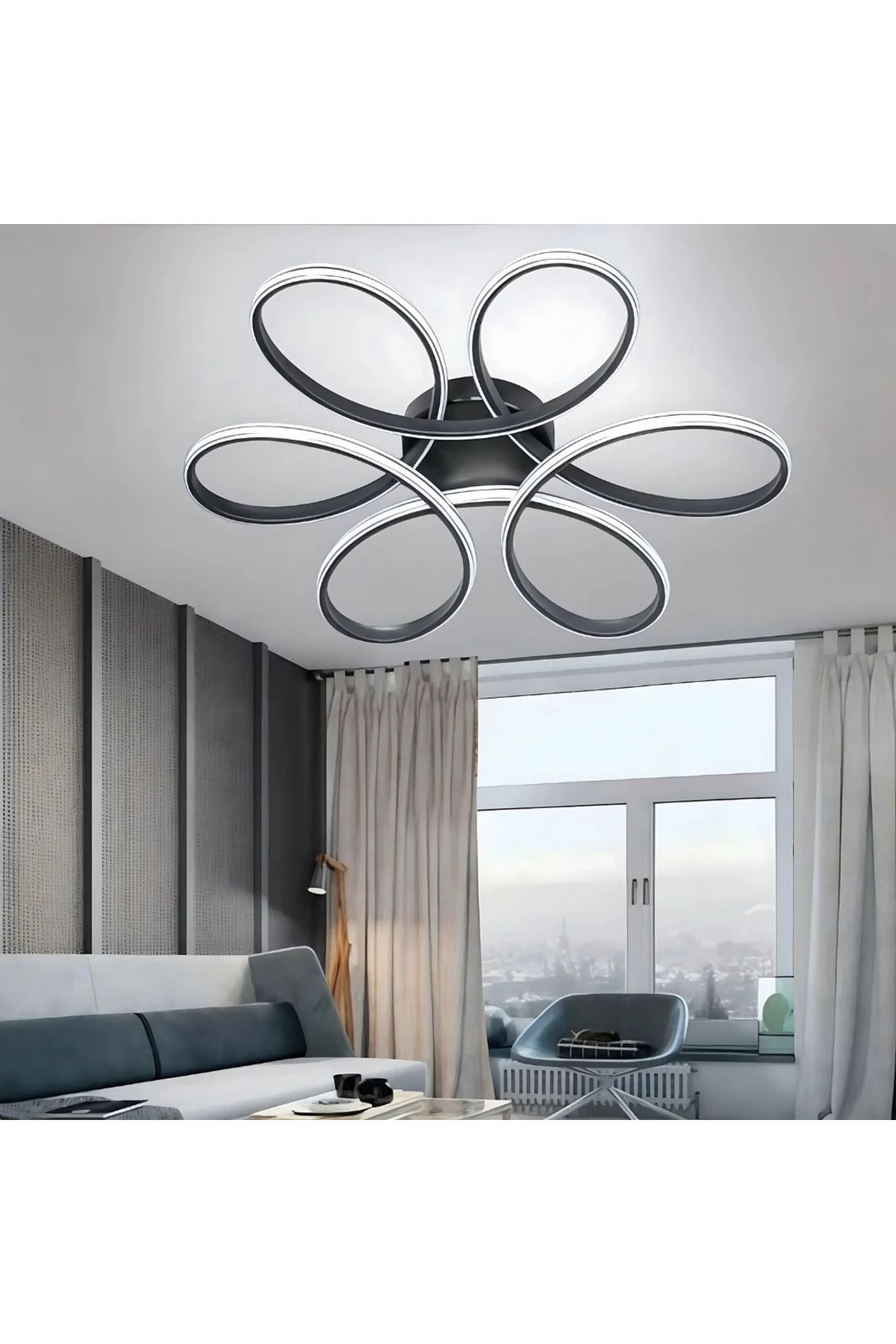 durulight Siyah Modern Tasarım Krom Çizgili Plafonyer Ultra Power Beyaz Ledli Avize
