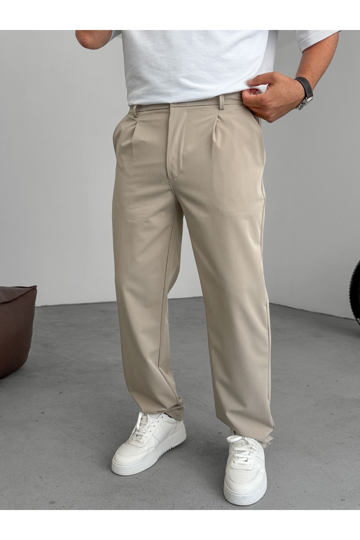 BYBASICMAN Bej Pileli Likralı Baggy Pantolon YP-5005