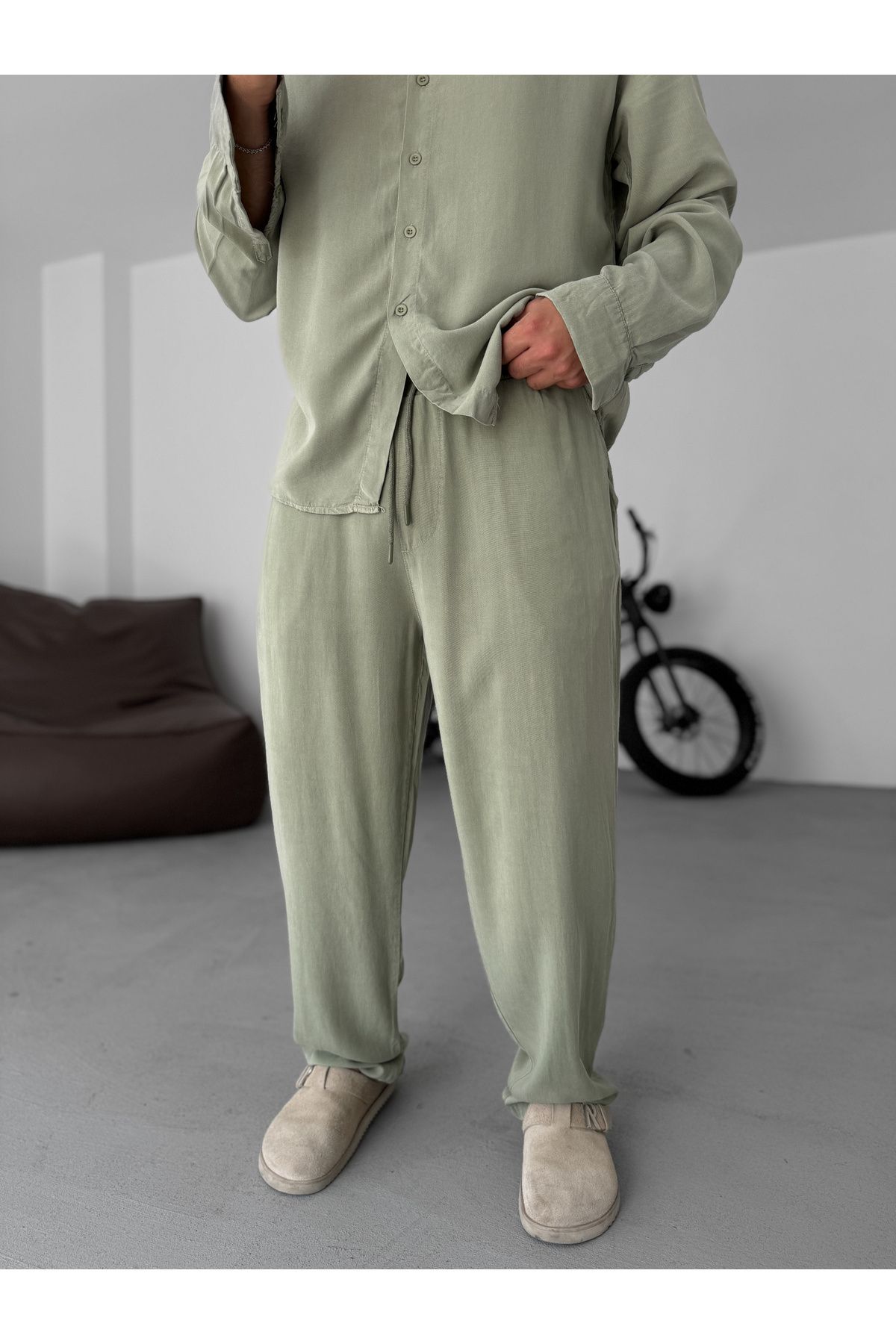 BYBASICMAN Yeşil Yıkamalı İnce Baggy Pantolon YP-5016