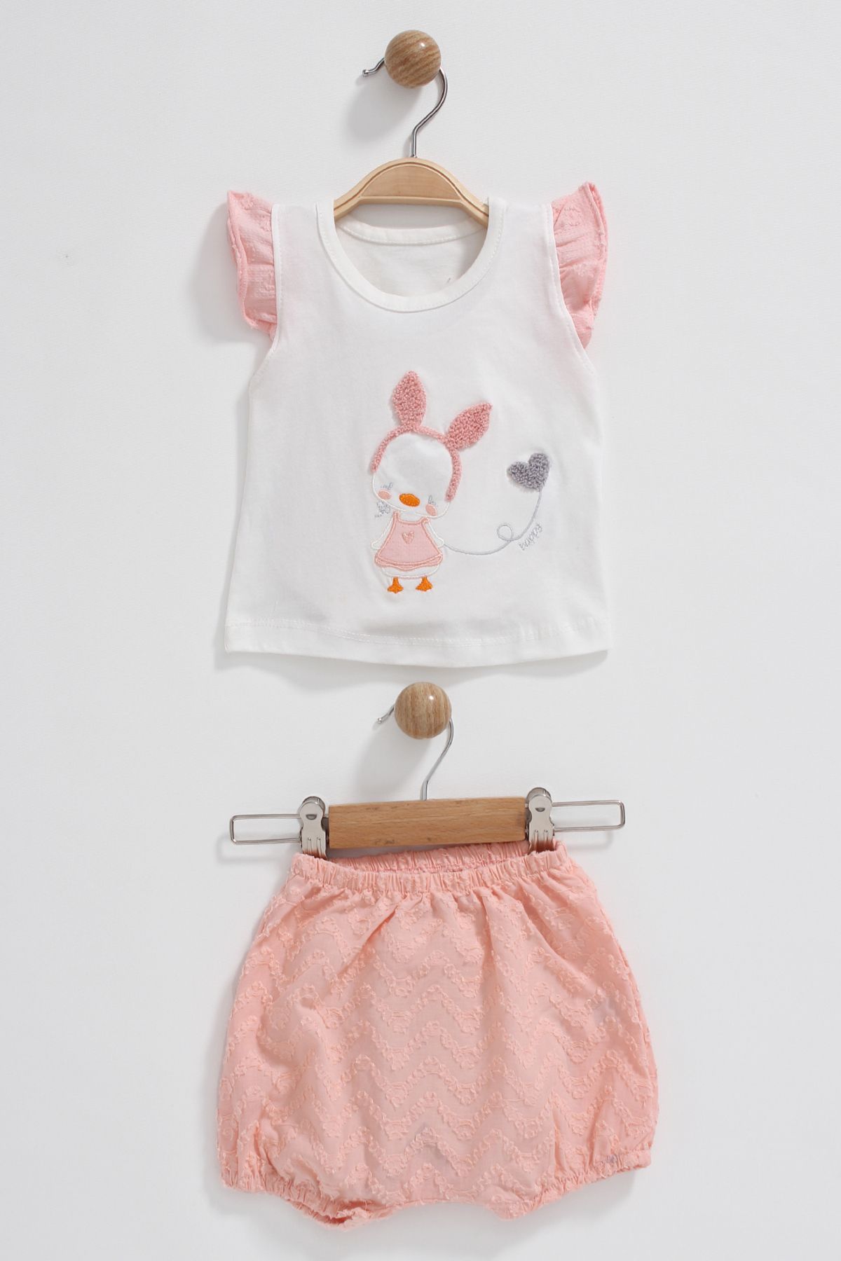bukko Kız Bebek Yazlık 2'li Takım, Tavşanlı, Kolları Fırfır Model, Şortlu (Lastikli Paça)