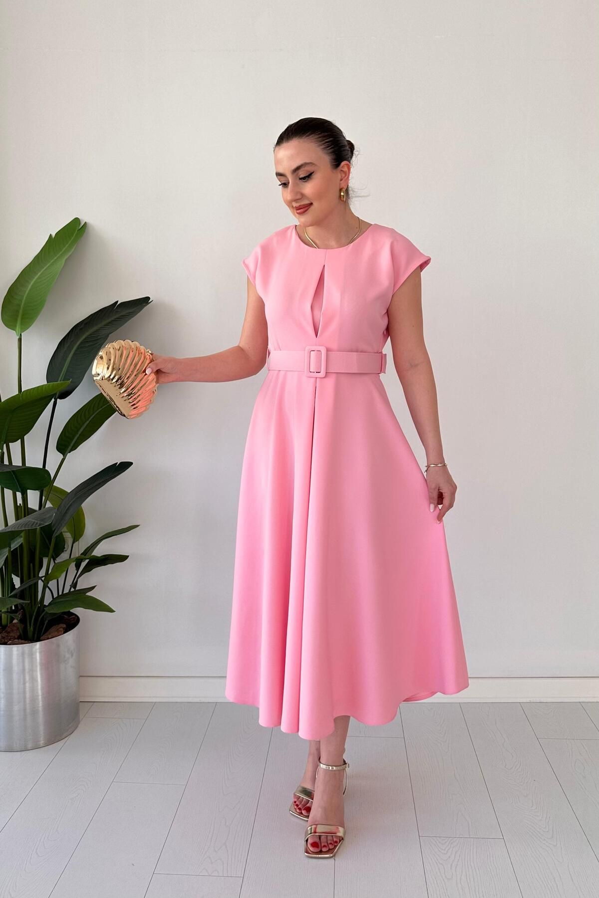 MaziButik İç Pile Krep Elbise Pembe