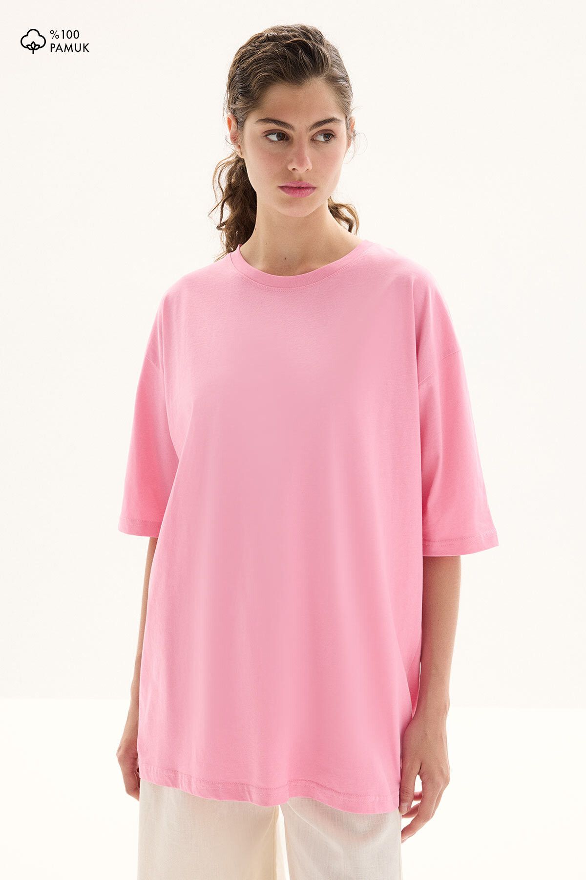 Hooopstore Oversize Kısa Kol Pembe Pamuklu Tişört