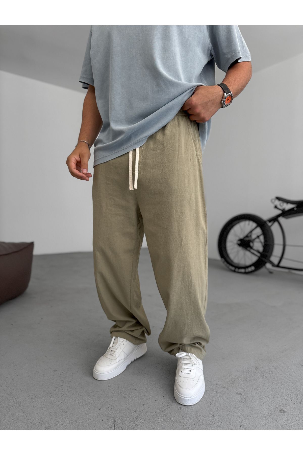 BYBASICMAN Haki Pamuk Keten Baggy Pantolon ES-15