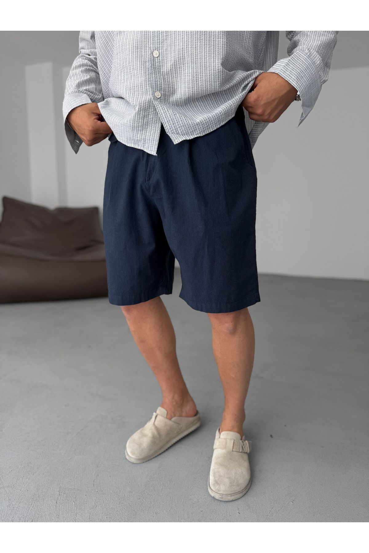 BYBASICMAN Lacivert Çizgili Cep Detaylı Şort YP-5018