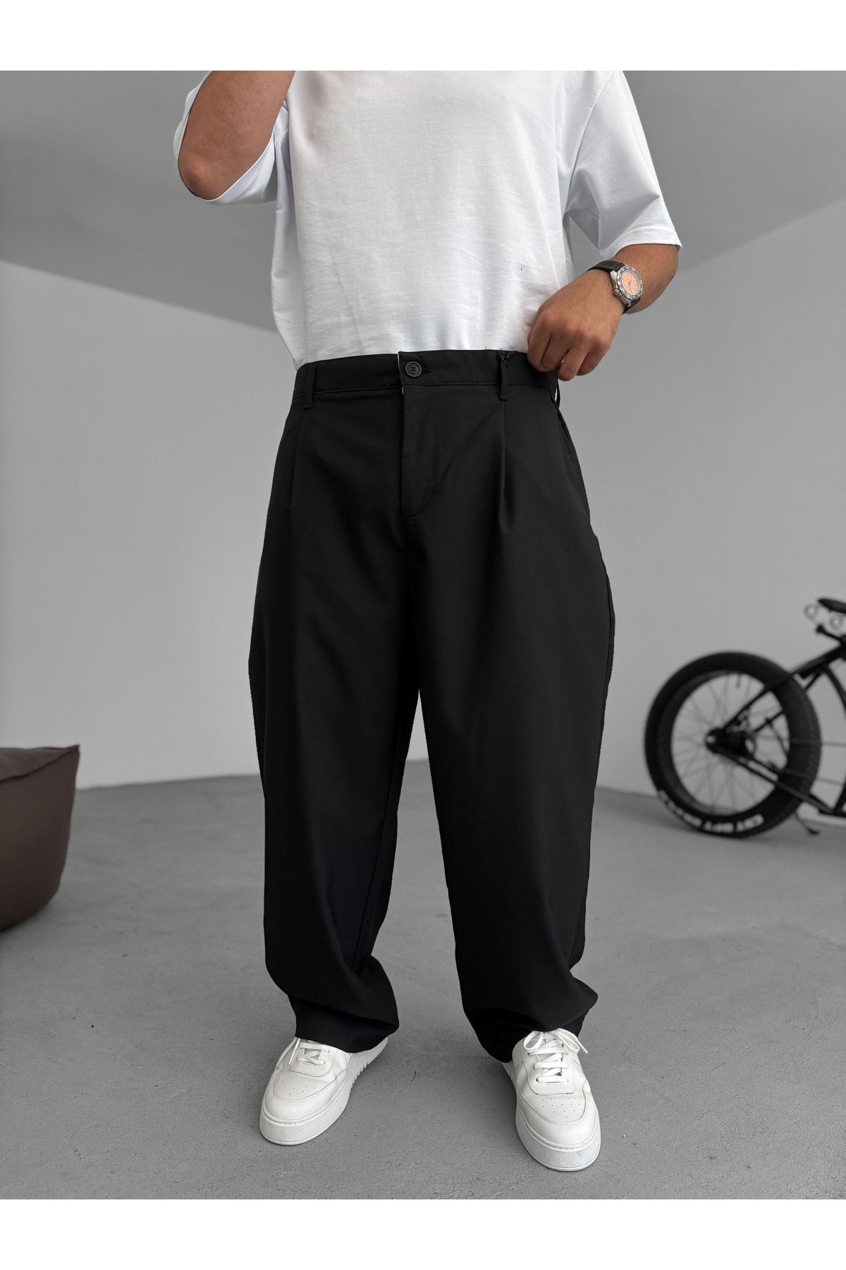 BYBASICMAN Siyah Pileli Kumaş Baggy Pantolon C-05