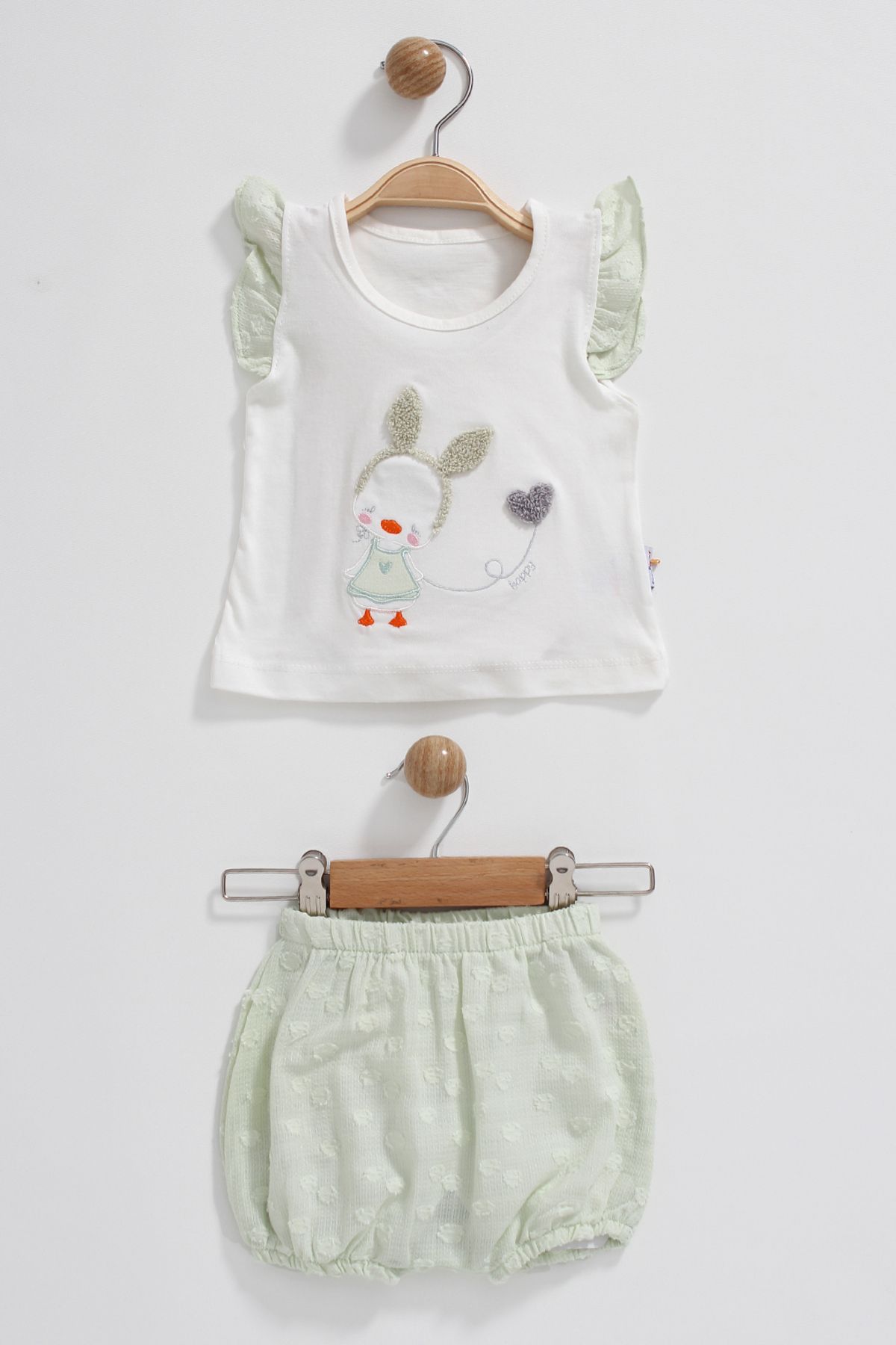 bukko Kız Bebek Yazlık 2'li Takım, Tavşanlı, Kolları Fırfır Model, Şortlu (Lastikli Paça)