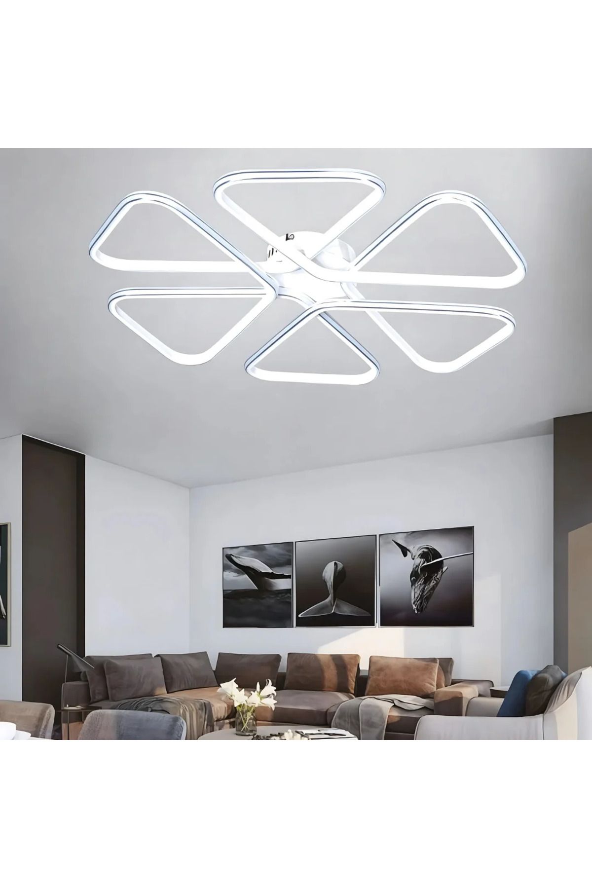 durulight Beyaz Modern Tasarım Krom Çizgili Plafonyer Ultra Power Beyaz Ledli Avize