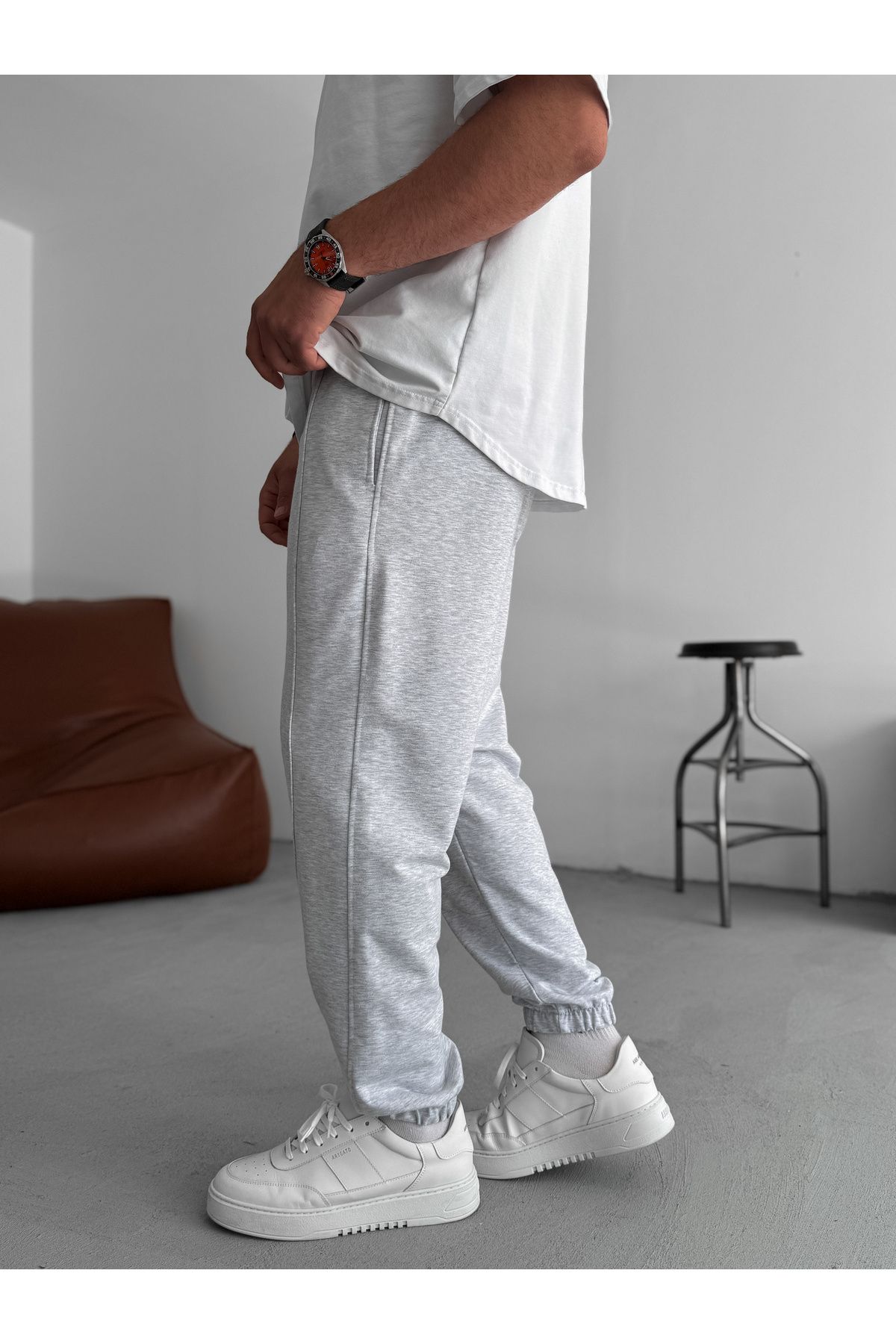 BYBASICMAN-Light Gray Elastic Tracksuit with Stitching Detail Ke-7019 4