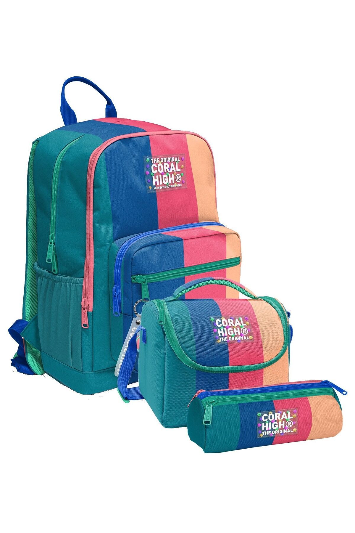 Coral High İlkokul ve Ortaokul Okul Çanta Üçlüsü - Kız Çocuk, Yeşil Mavi Pembe Renkli Çizgili