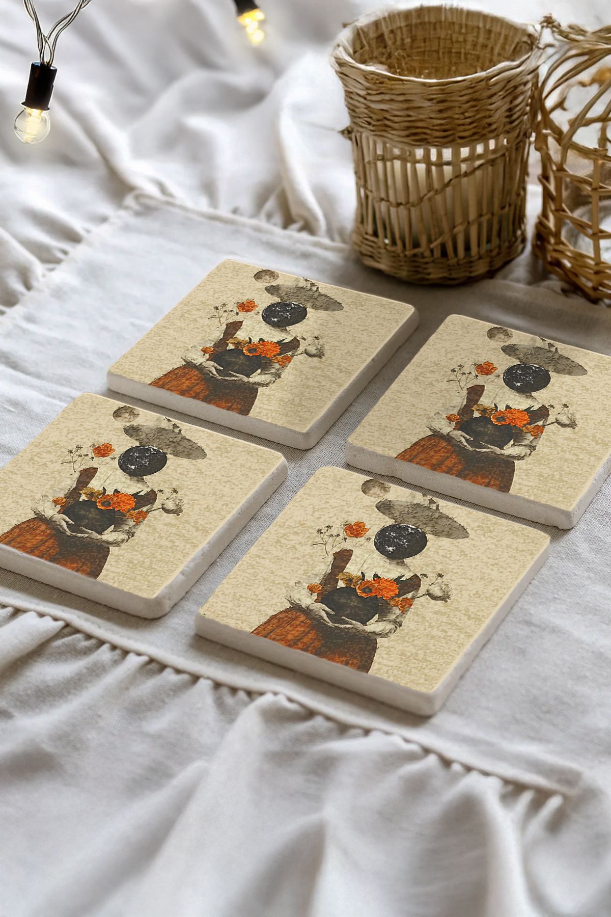 Sionar Miralessa Desenleri Taş Traverten Fincan Bardak Altlığı 4'lü Set 10x10x1cm