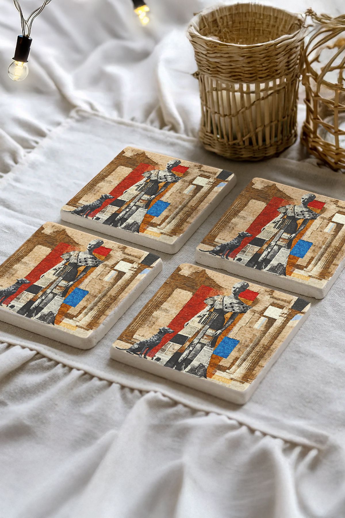 Sionar Faurleanza Desenleri Taş Traverten Fincan Bardak Altlığı 4'lü Set 10x10x1cm