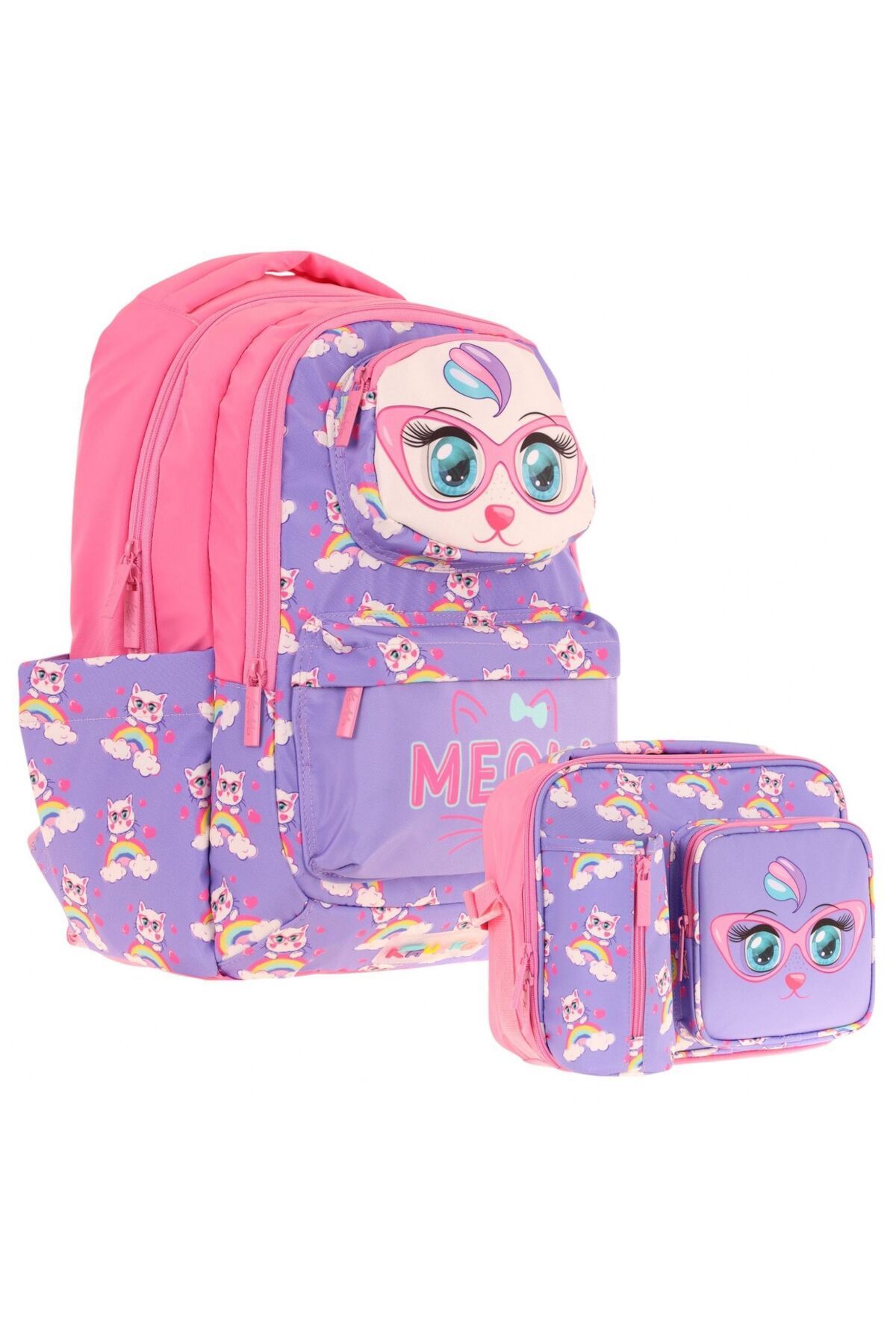 KAUKKO Kız Çocuk 3D Kedi Şekilli Mor Pembe Okul Sırt Çantası ve Isı Yalıtımlı Beslenme Çantası Seti