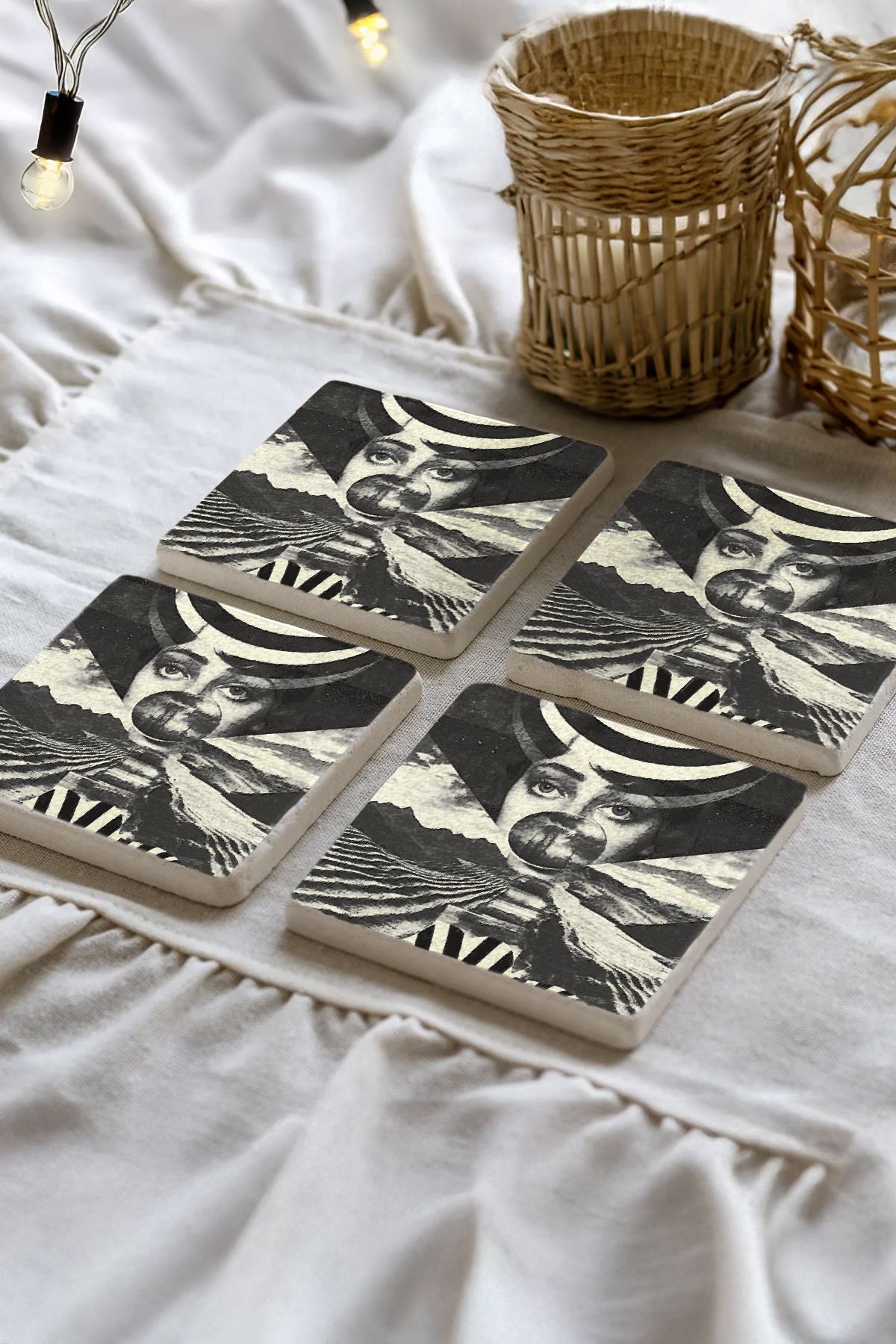 Sionar Clarevinne Desenleri Taş Traverten Fincan Bardak Altlığı 4'lü Set 10x10x1cm