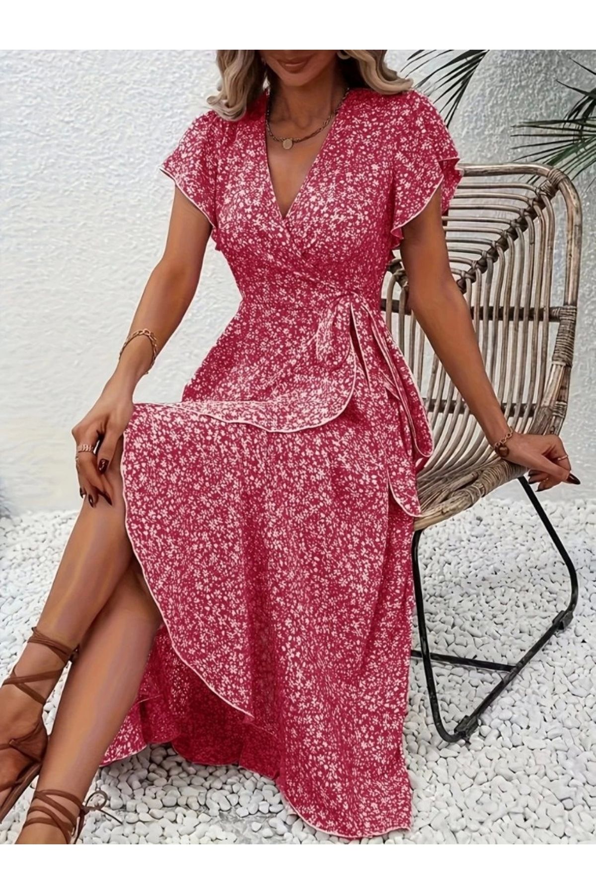 Butik Kadın Kısa Kollu Kruvaze Yakalı Desenli Süprem Elbise