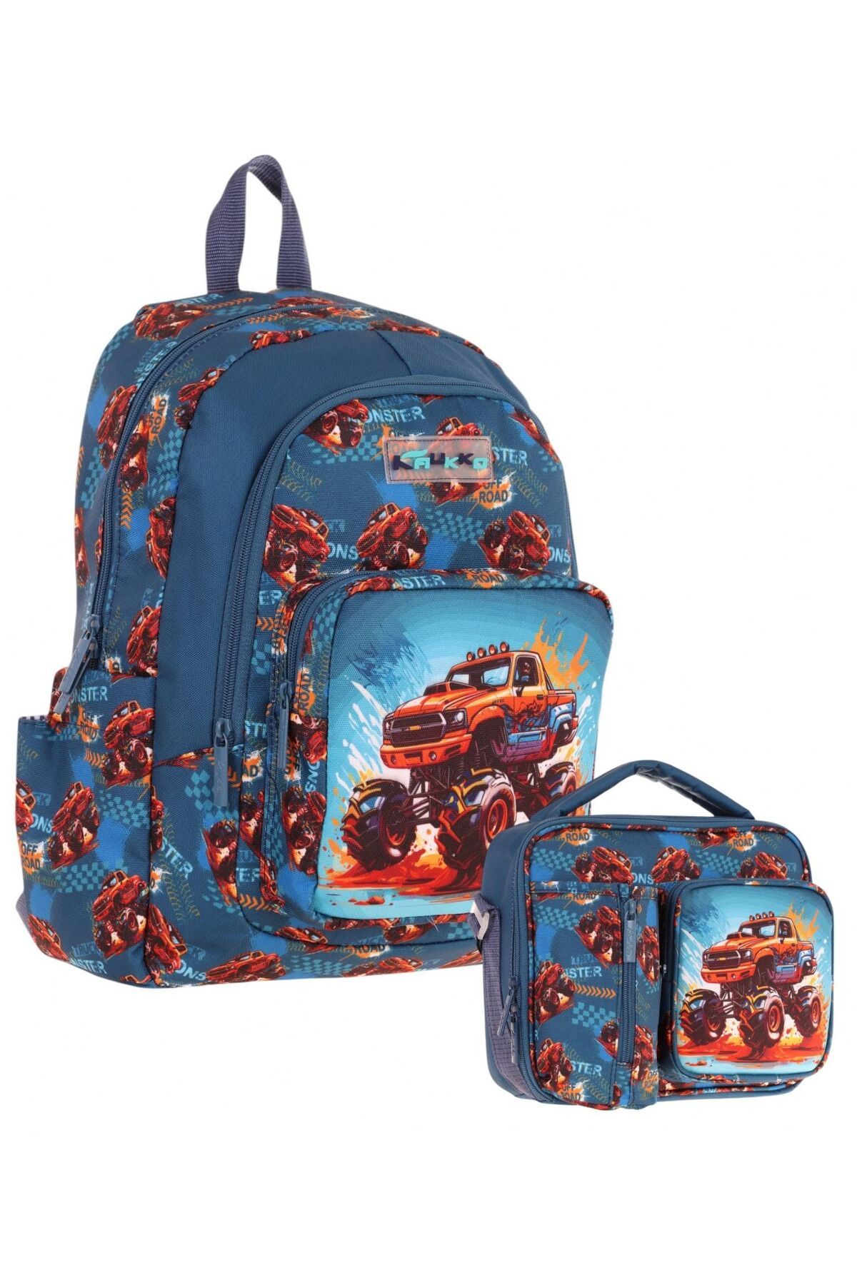 KAUKKO Kids Arazi Aracı Erkek Çocuk Yeşil Kırmızı Okul Çantası ve Beslenme Çanta Takımı