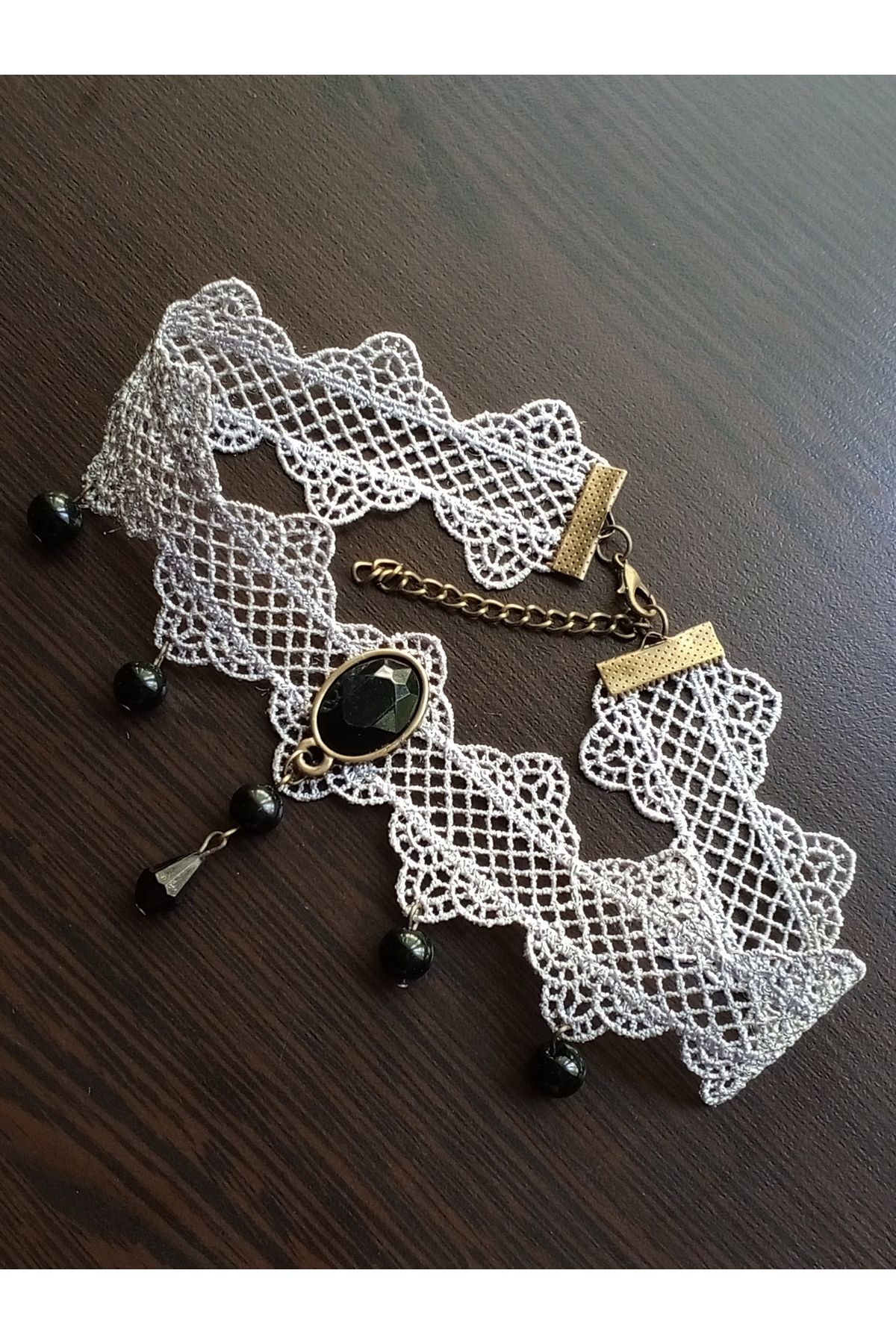 Alsade Gri Dantel Vintage Choker Kolye