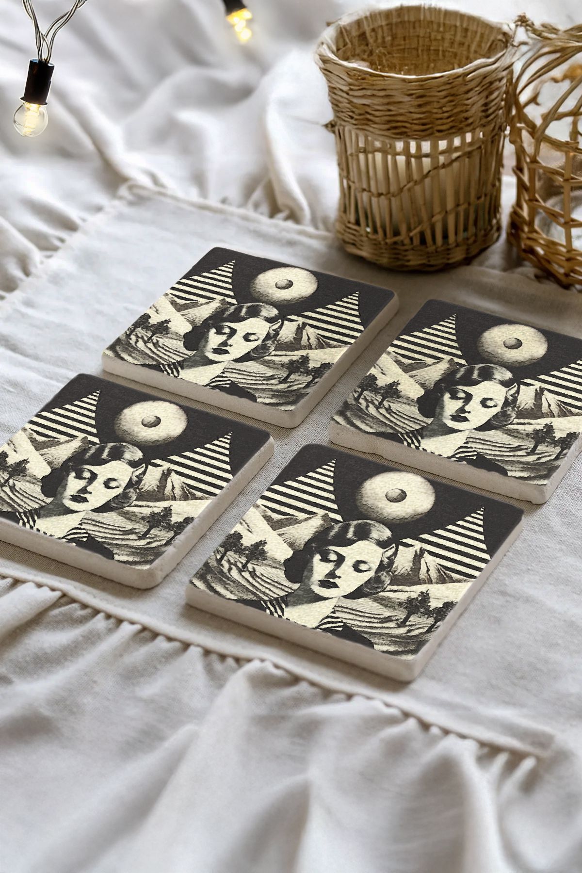 Sionar Domessira Desenleri Taş Traverten Fincan Bardak Altlığı 4'lü Set 10x10x1cm