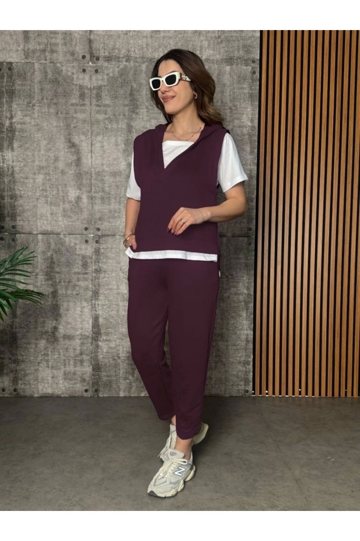 Butik Kadın Kısa Kollu V Yakalı Kapşonlu Viskon Iki Iplik Bluz Ve Pantolon Takım