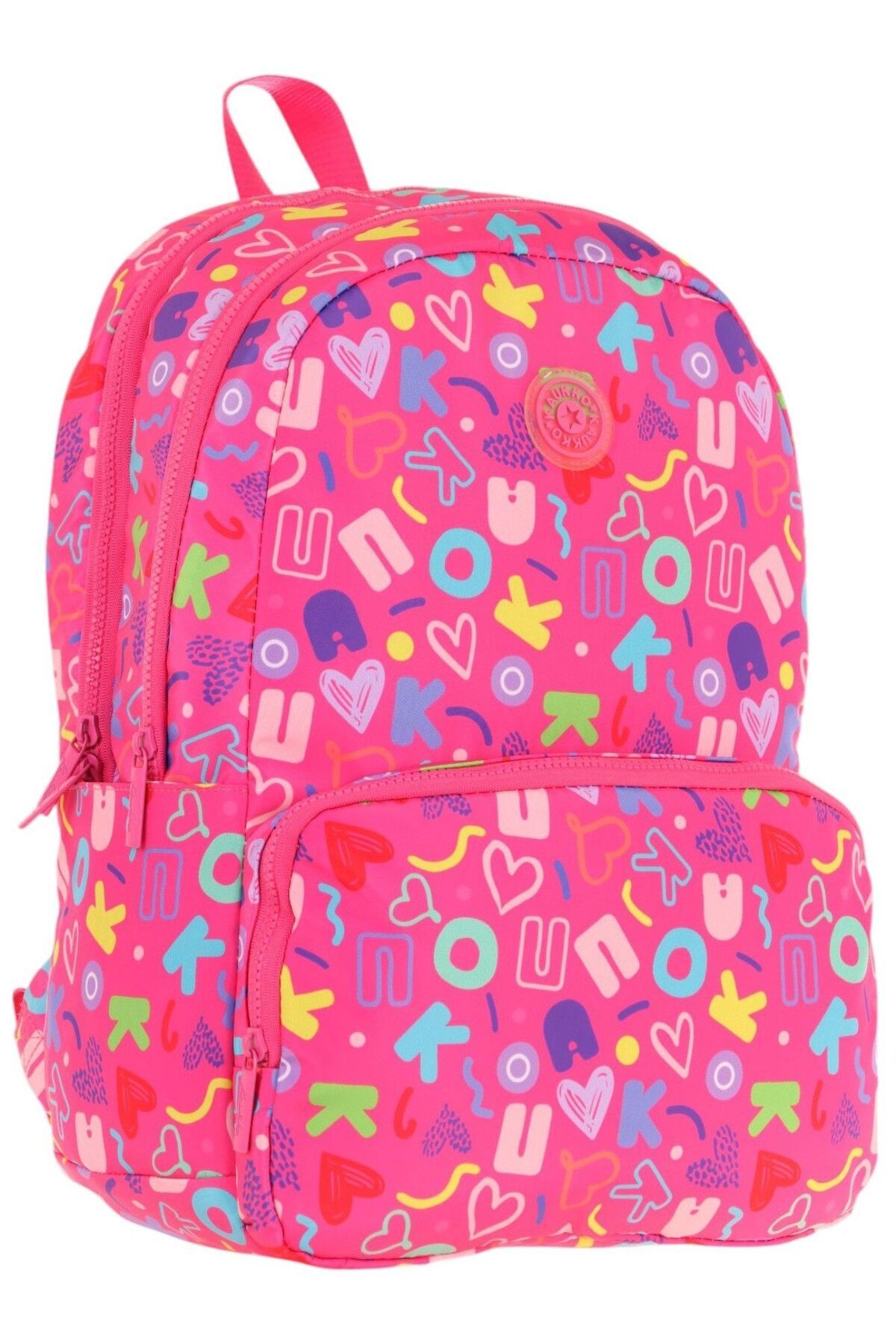 KAUKKO Kız Çocuk Kalp ve Kaukko Baskılı Pembe Okul Çantası - Üç Bölmeli - K1783